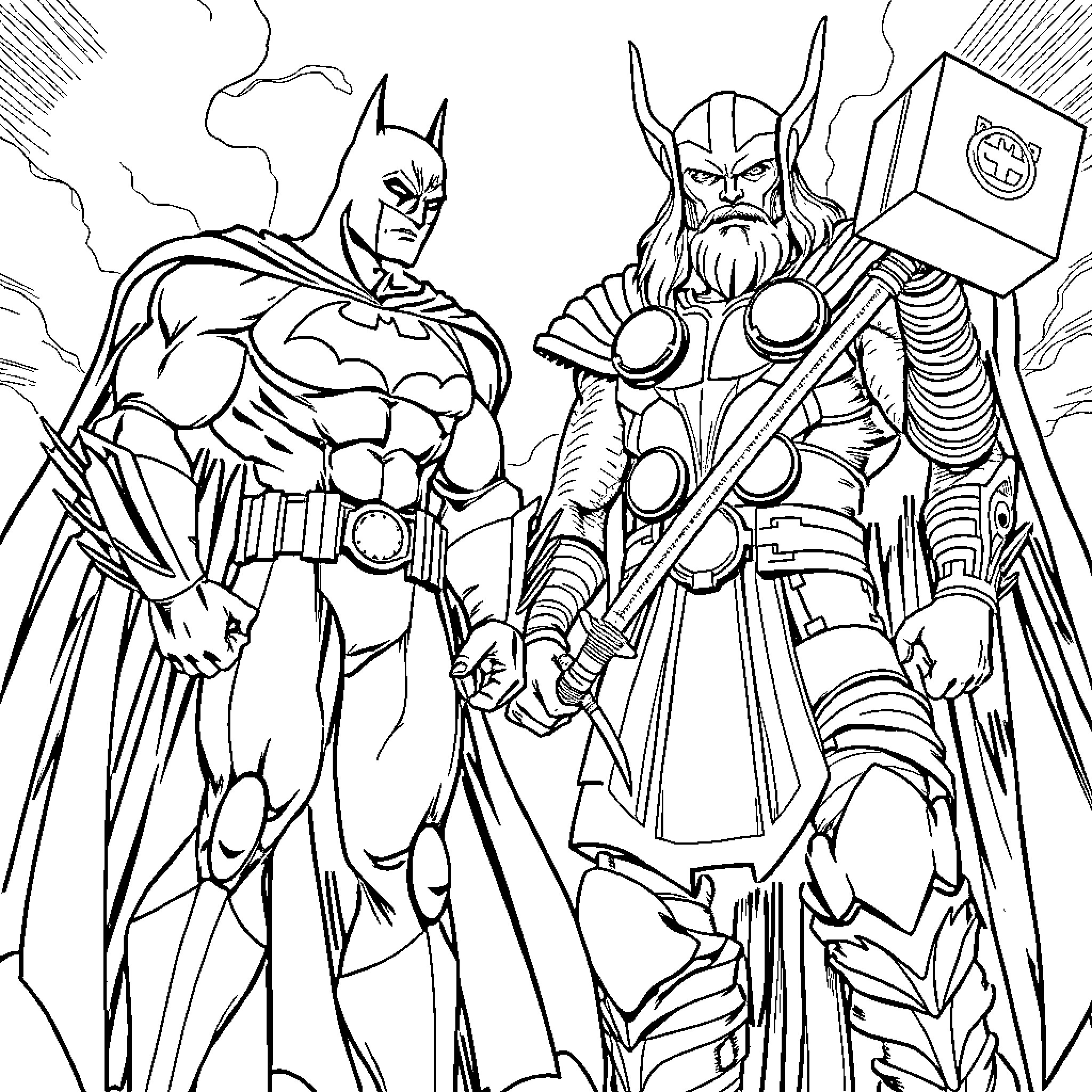Batman and Thor in intense battle stance Coloring Page (free black-and-white line drawing printable PDF for all, from beginners to advanced learners, including children, teens, adults, and seniors)