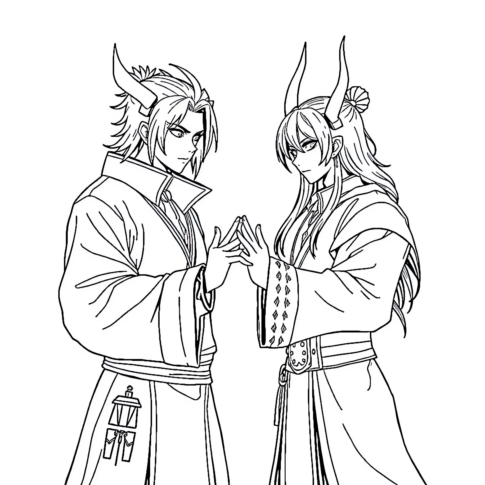 Kpop Demon Hunters in Ceremonial Garb Coloring Page (free black-and-white line drawing printable PDF for all, from beginners to advanced learners, including children, teens, adults, and seniors)