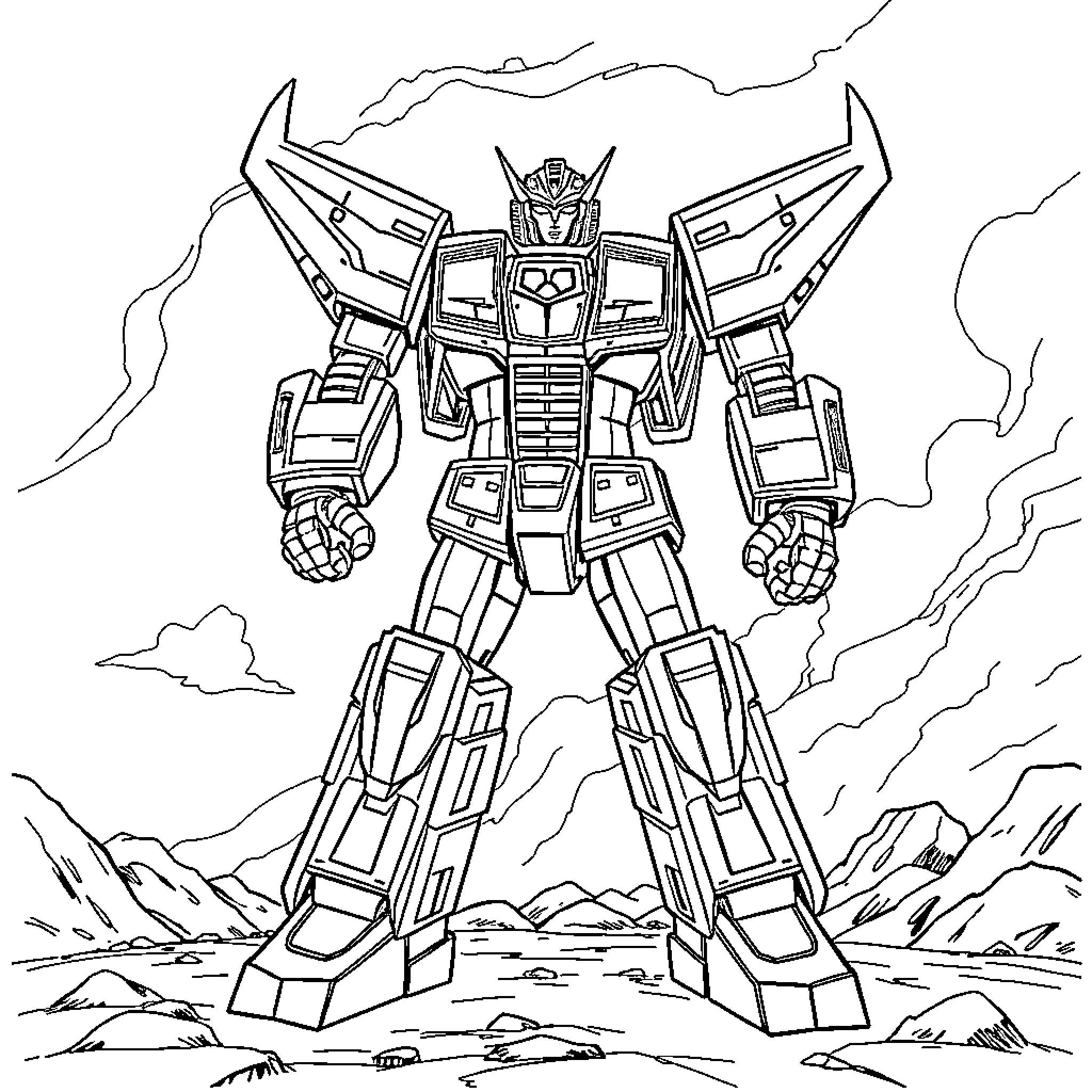 Megazord standing tall amidst a rocky landscape Coloring Page (free black-and-white line drawing printable PDF for all, from beginners to advanced learners, including children, teens, adults, and seniors)