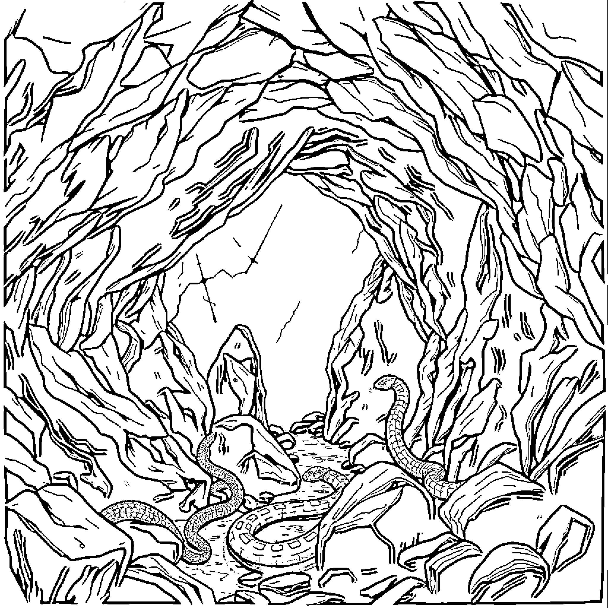 Snake Hiding Among Rocks and Branches Coloring Page (free black-and-white line drawing printable PDF for all, from beginners to advanced learners, including children, teens, adults, and seniors)