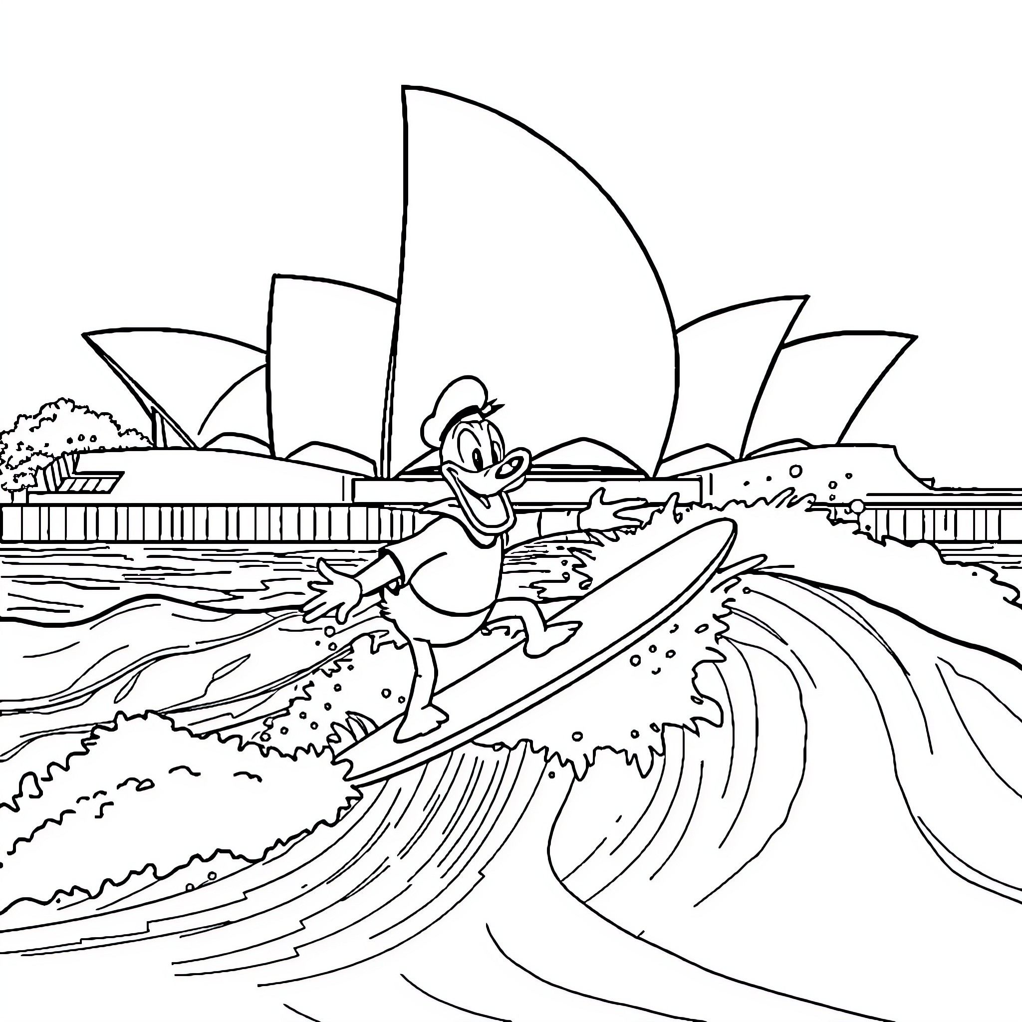 Donald Duck surfing the waves near Sydney Opera House Coloring Page (free black-and-white line drawing printable PDF for all, from beginners to advanced learners, including children, teens, adults, and seniors)