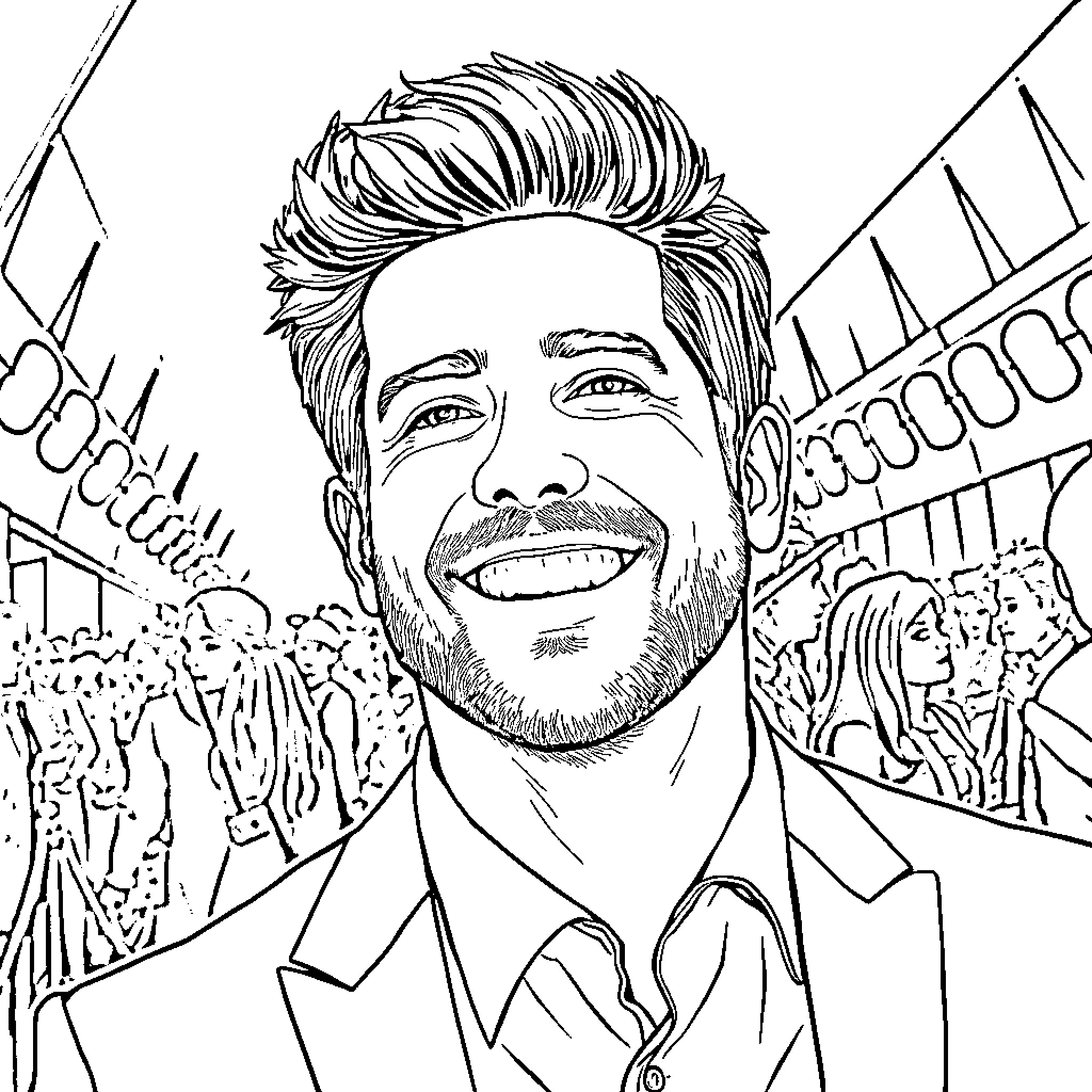 David Boreanez smiling and waving in crowd Coloring Page (free black-and-white line drawing printable PDF for all, from beginners to advanced learners, including children, teens, adults, and seniors)