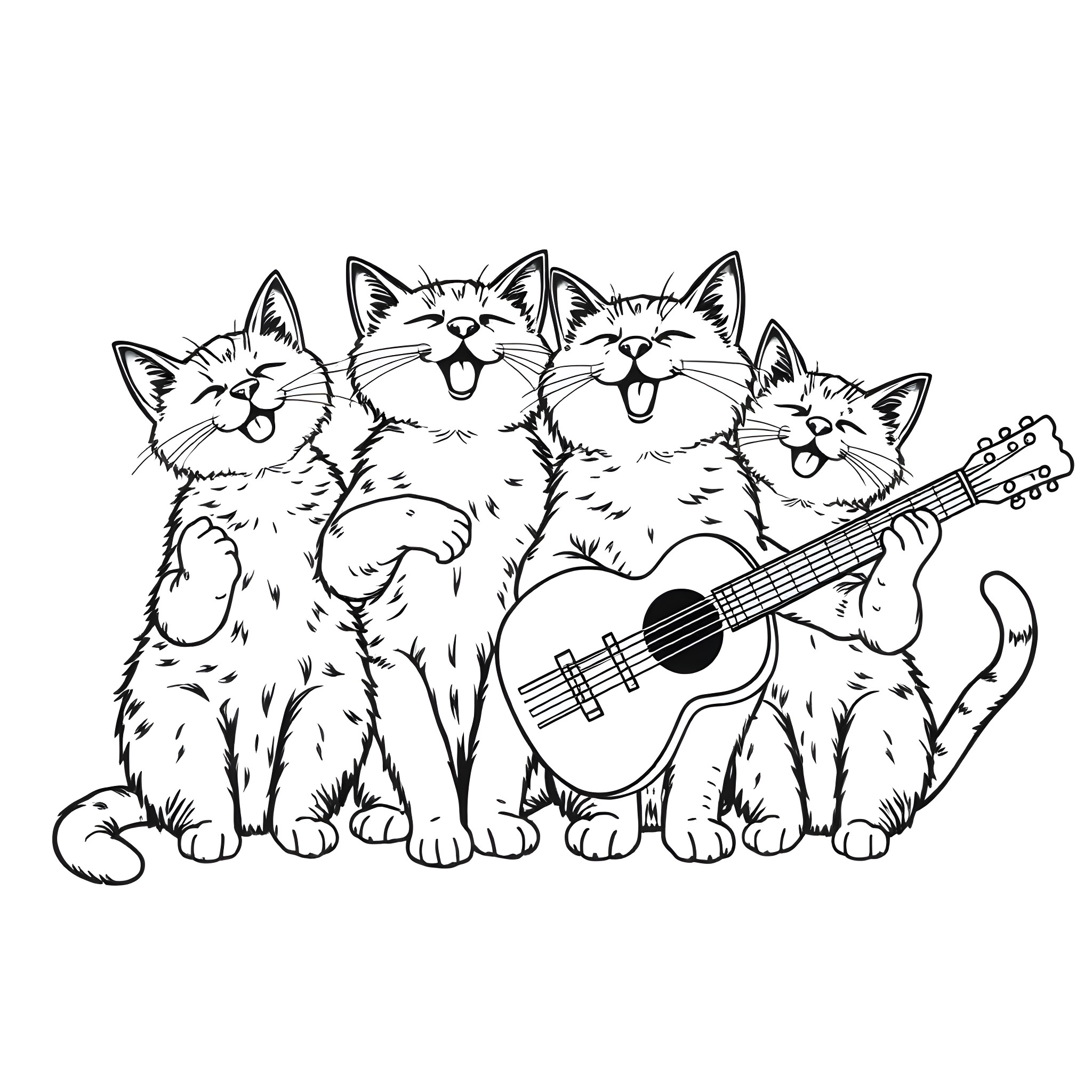 Cat band playing musical instruments joyfully Coloring Page (free black-and-white line drawing printable PDF for all, from beginners to advanced learners, including children, teens, adults, and seniors)