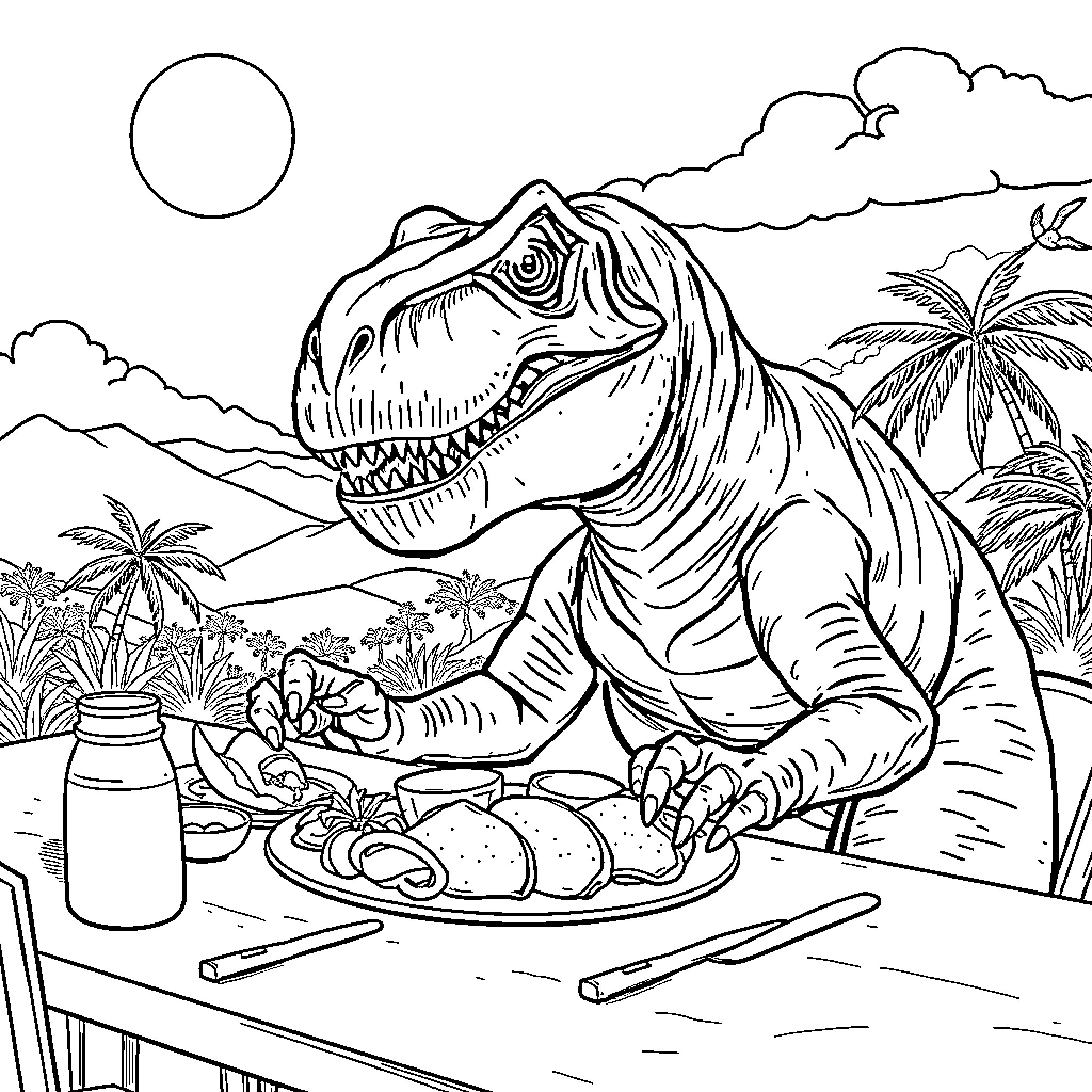 T-Rex Preparing a Prehistoric Feast Coloring Page (free black-and-white line drawing printable PDF for all, from beginners to advanced learners, including children, teens, adults, and seniors)