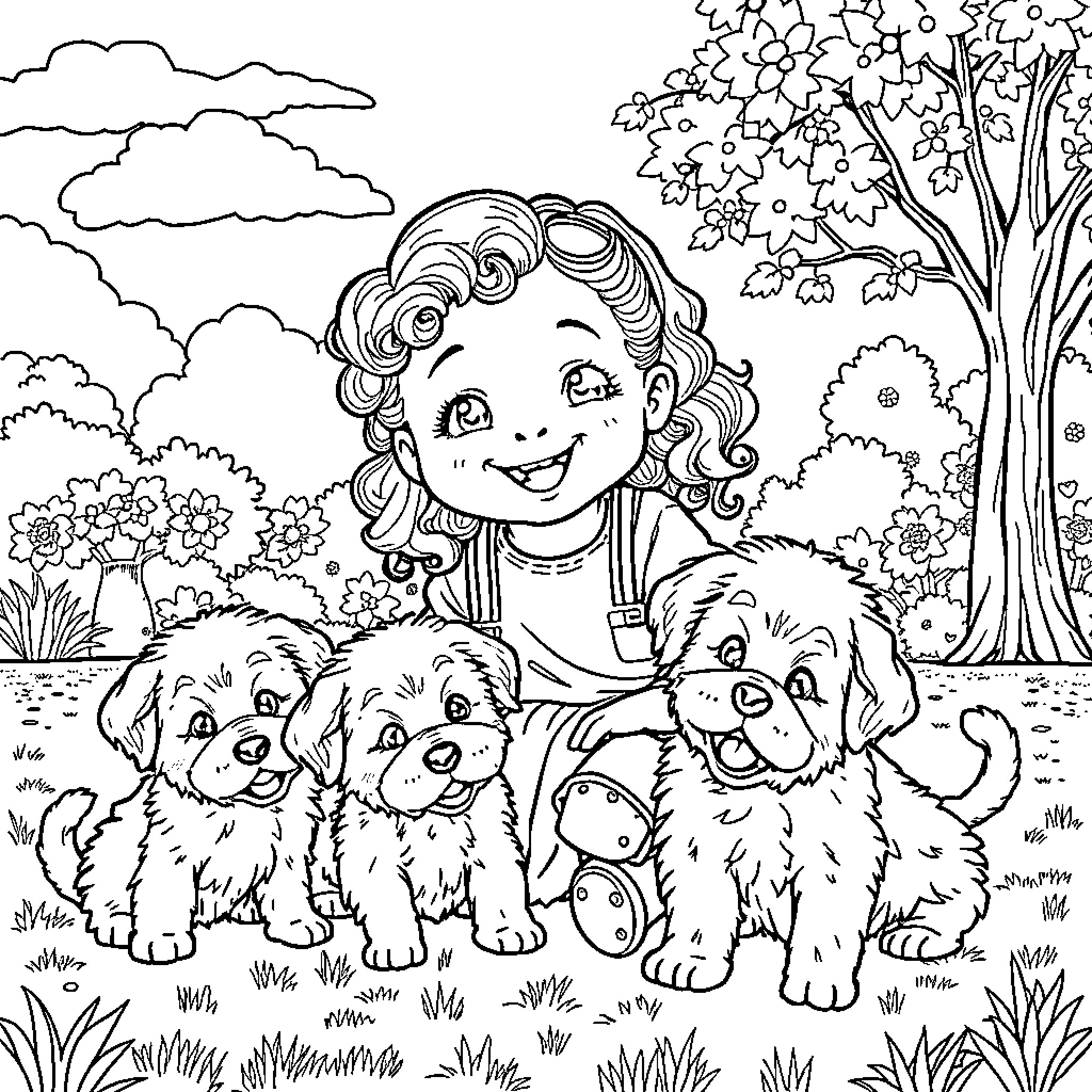 Girl happily playing with her puppies in the park Coloring Page (free black-and-white line drawing printable PDF for all, from beginners to advanced learners, including children, teens, adults, and seniors)