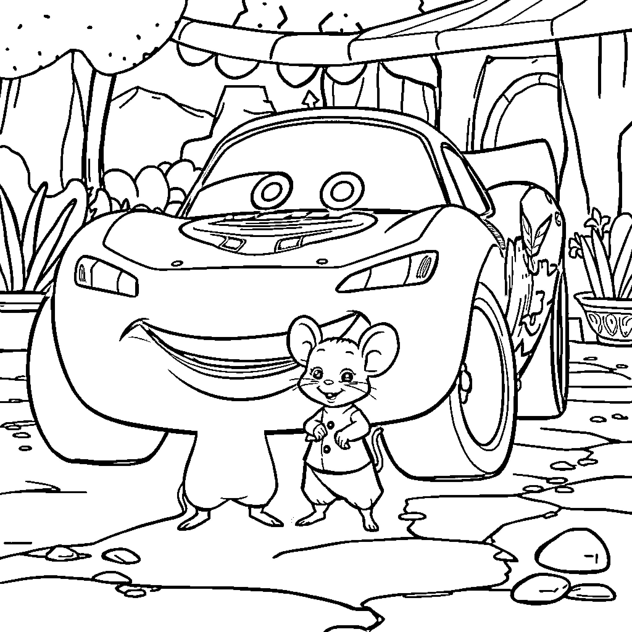 Lightning McQueen and a curious mouse on a rainy day Coloring Page (free black-and-white line drawing printable PDF for all, from beginners to advanced learners, including children, teens, adults, and seniors)