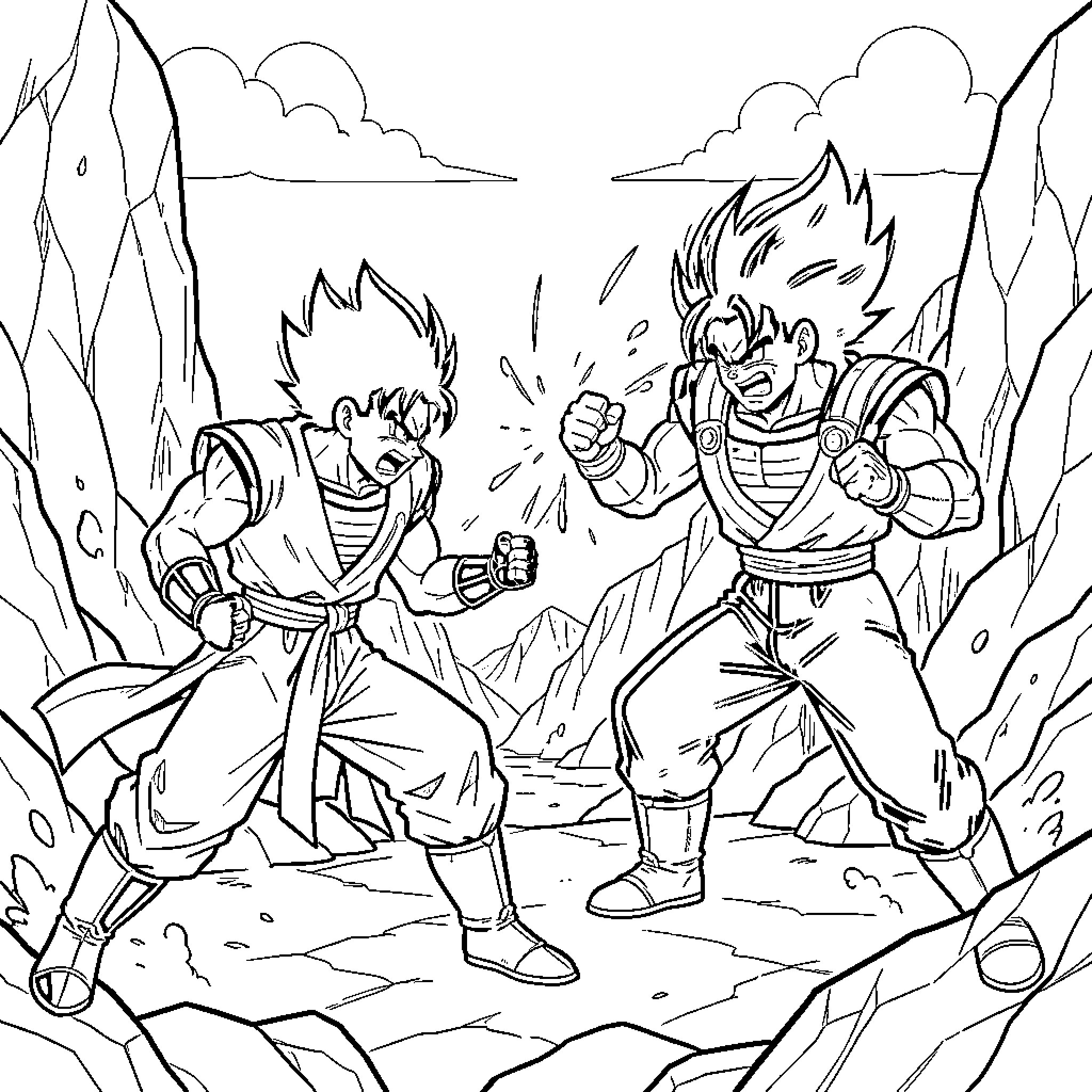 Sangoku characters fighting intensely in a rocky canyon Coloring Page (free black-and-white line drawing printable PDF for all, from beginners to advanced learners, including children, teens, adults, and seniors)