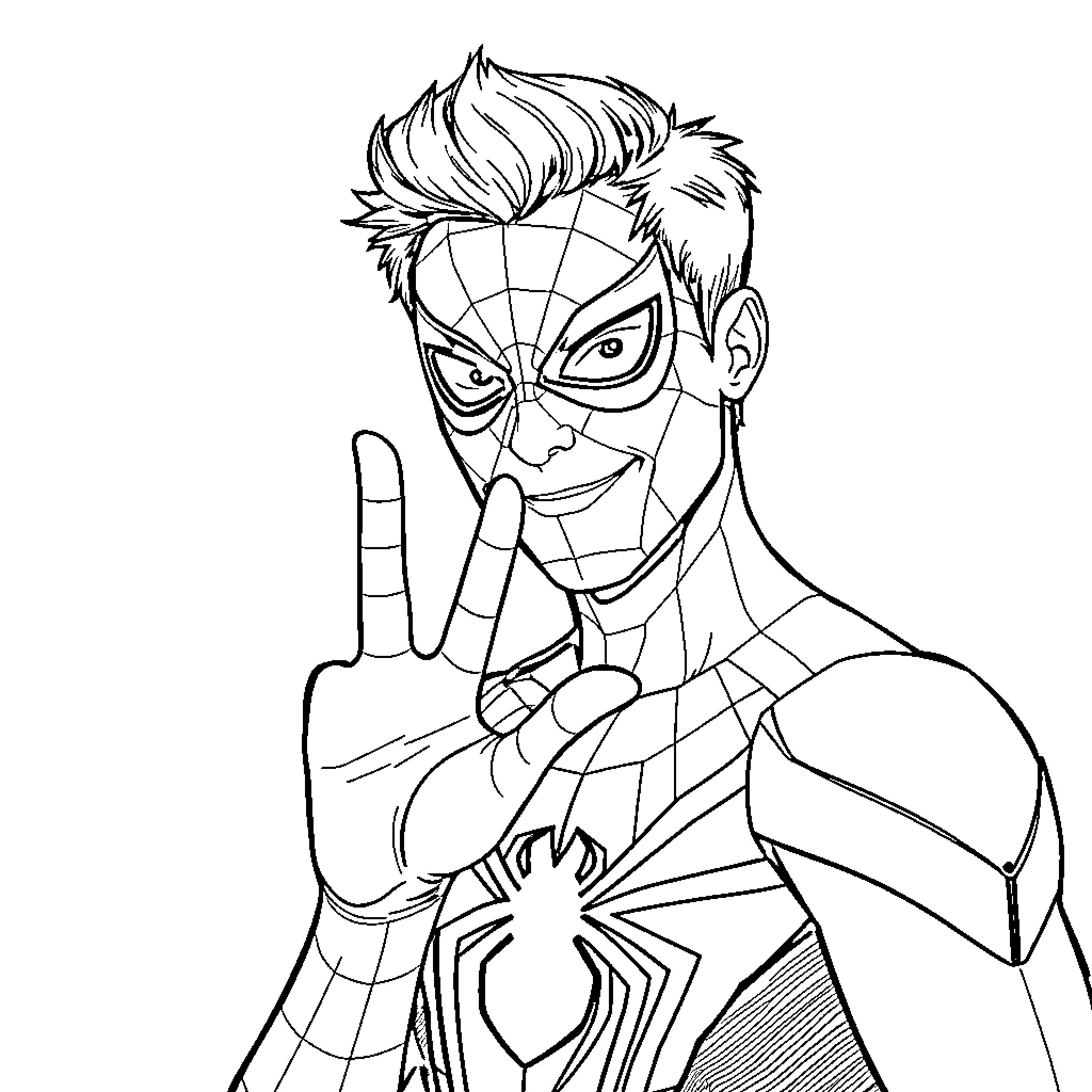 Spiderman in action with serious expression Coloring Page (free black-and-white line drawing printable PDF for all, from beginners to advanced learners, including children, teens, adults, and seniors)