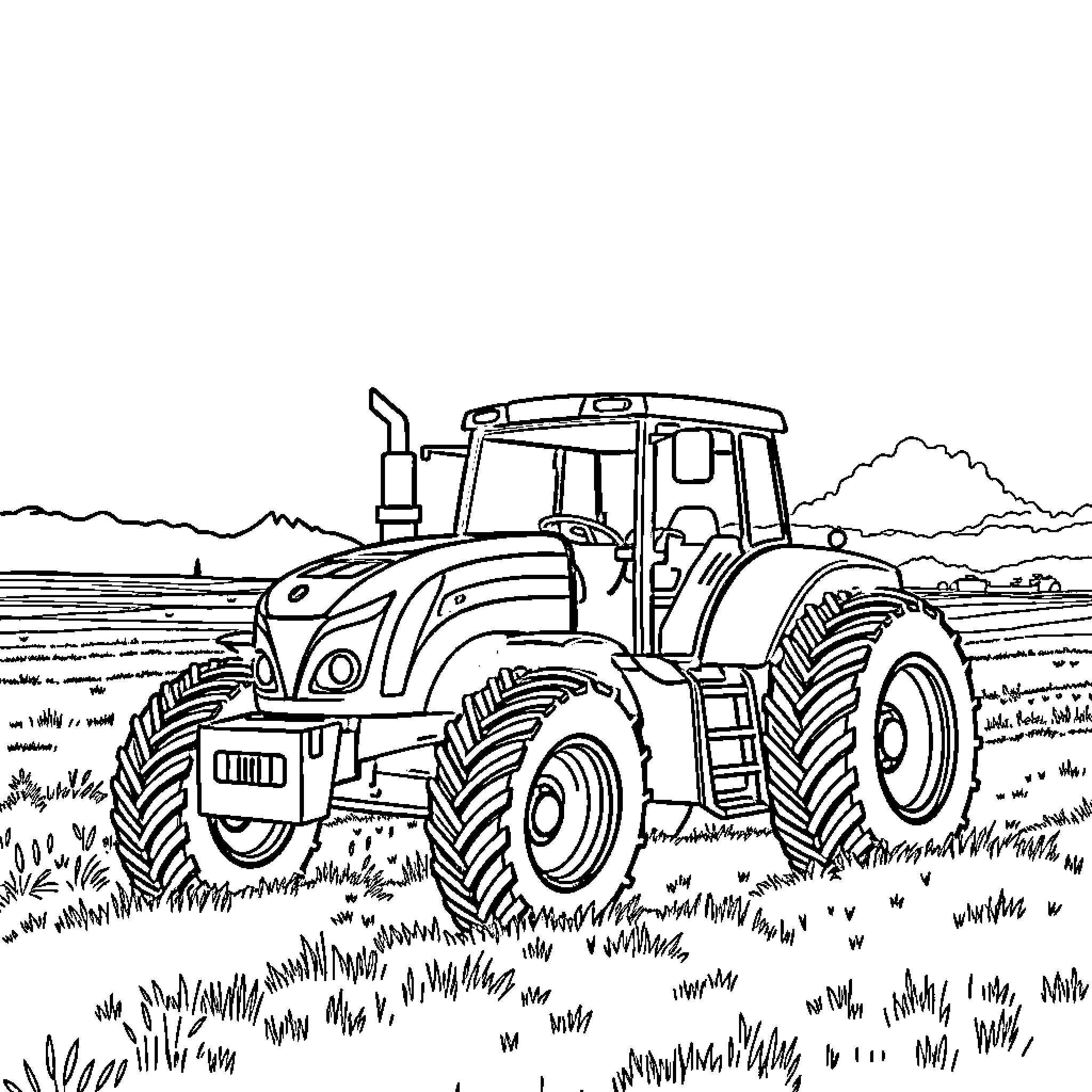 Tractor Plowing Through Lush Farmland Coloring Page (free black-and-white line drawing printable PDF for all, from beginners to advanced learners, including children, teens, adults, and seniors)