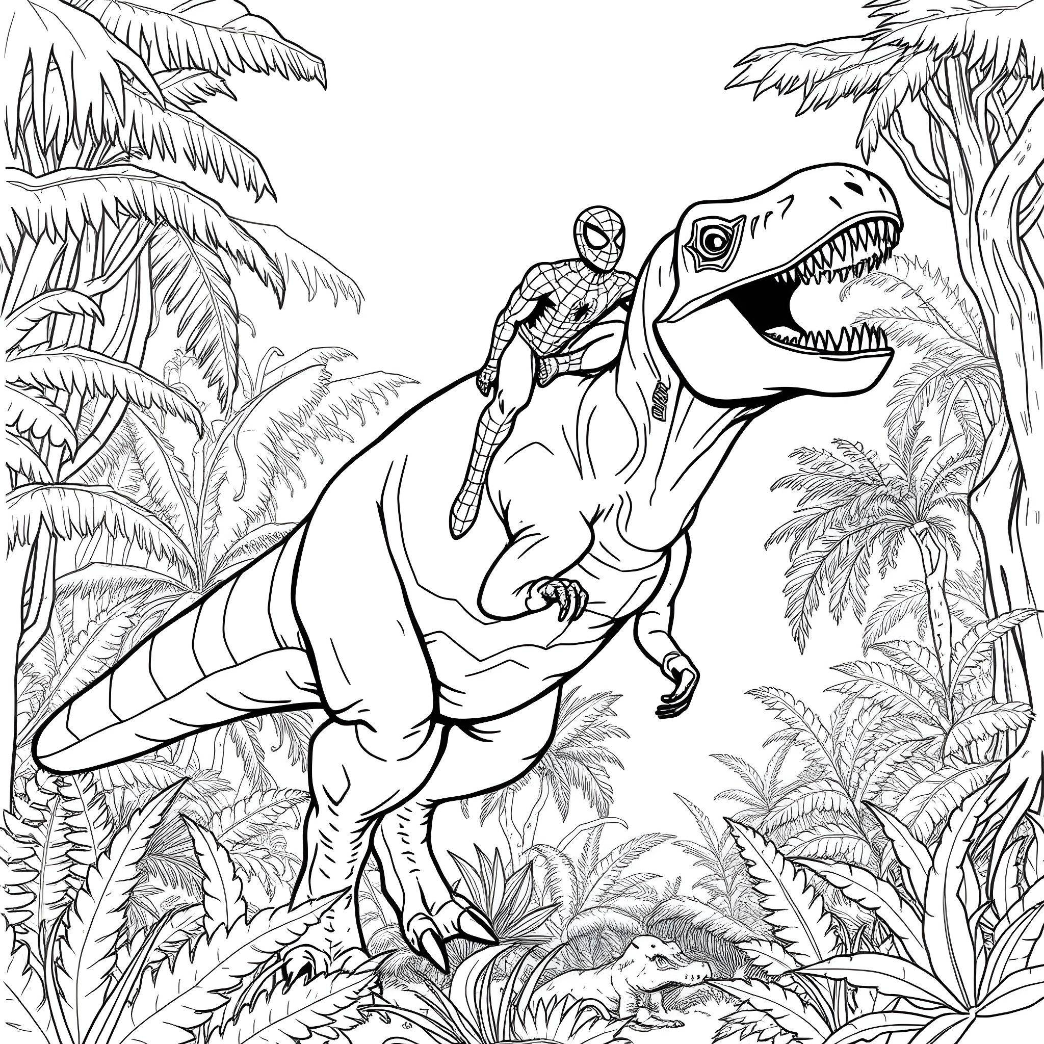 Spider-Man riding a fearsome dinosaur in the jungle Coloring Page (free black-and-white line drawing printable PDF for all, from beginners to advanced learners, including children, teens, adults, and seniors)