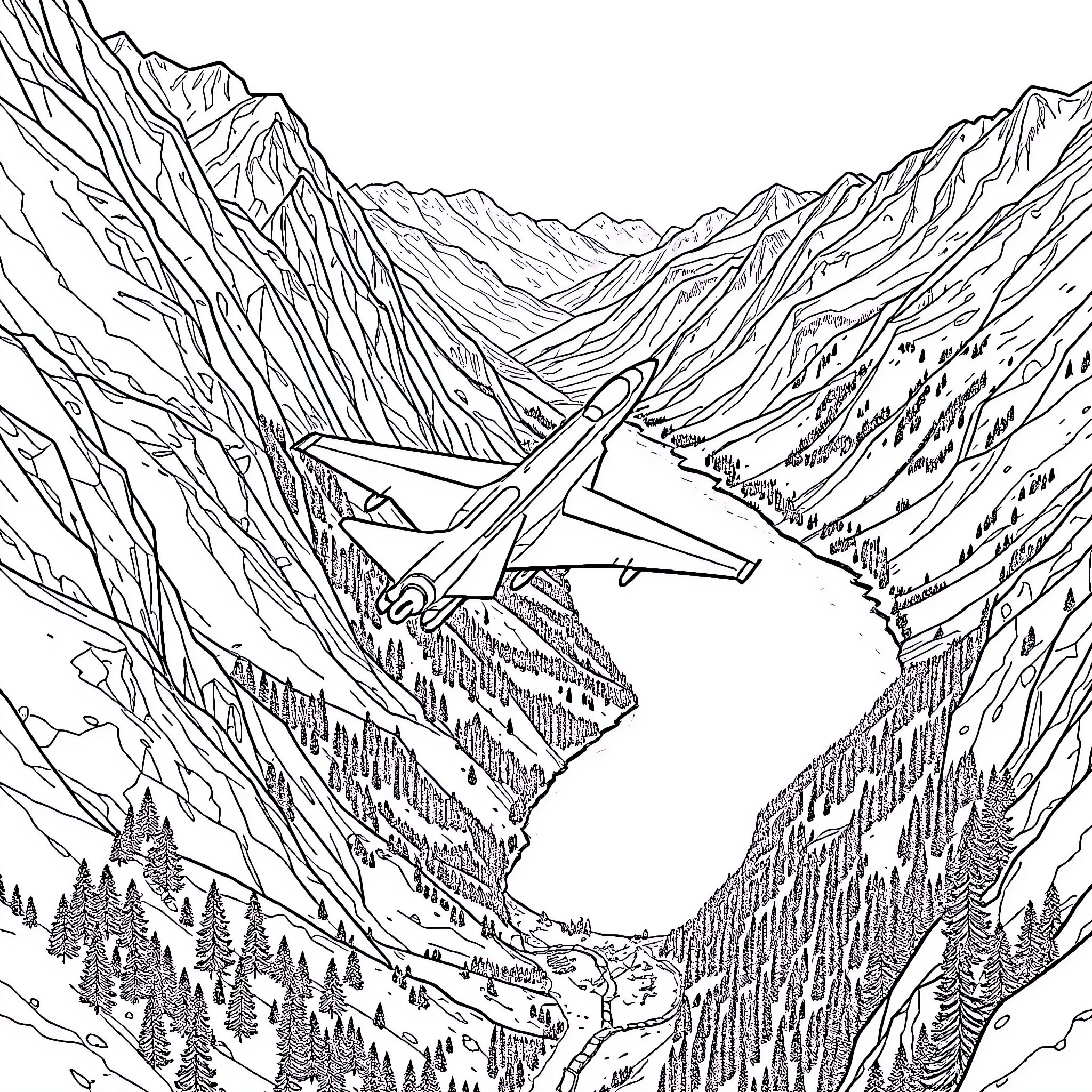 Fighter Jet soaring through rugged mountain landscape Coloring Page (free black-and-white line drawing printable PDF for all, from beginners to advanced learners, including children, teens, adults, and seniors)