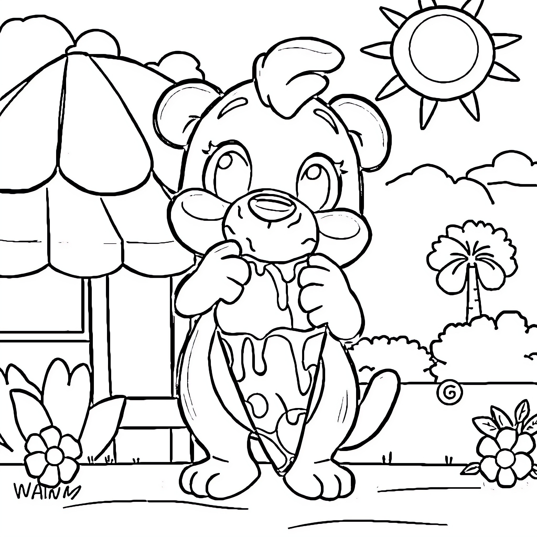 Bluey's Playful Adventure in the Sunny Outdoors Coloring Page (free black-and-white line drawing printable PDF for all, from beginners to advanced learners, including children, teens, adults, and seniors)