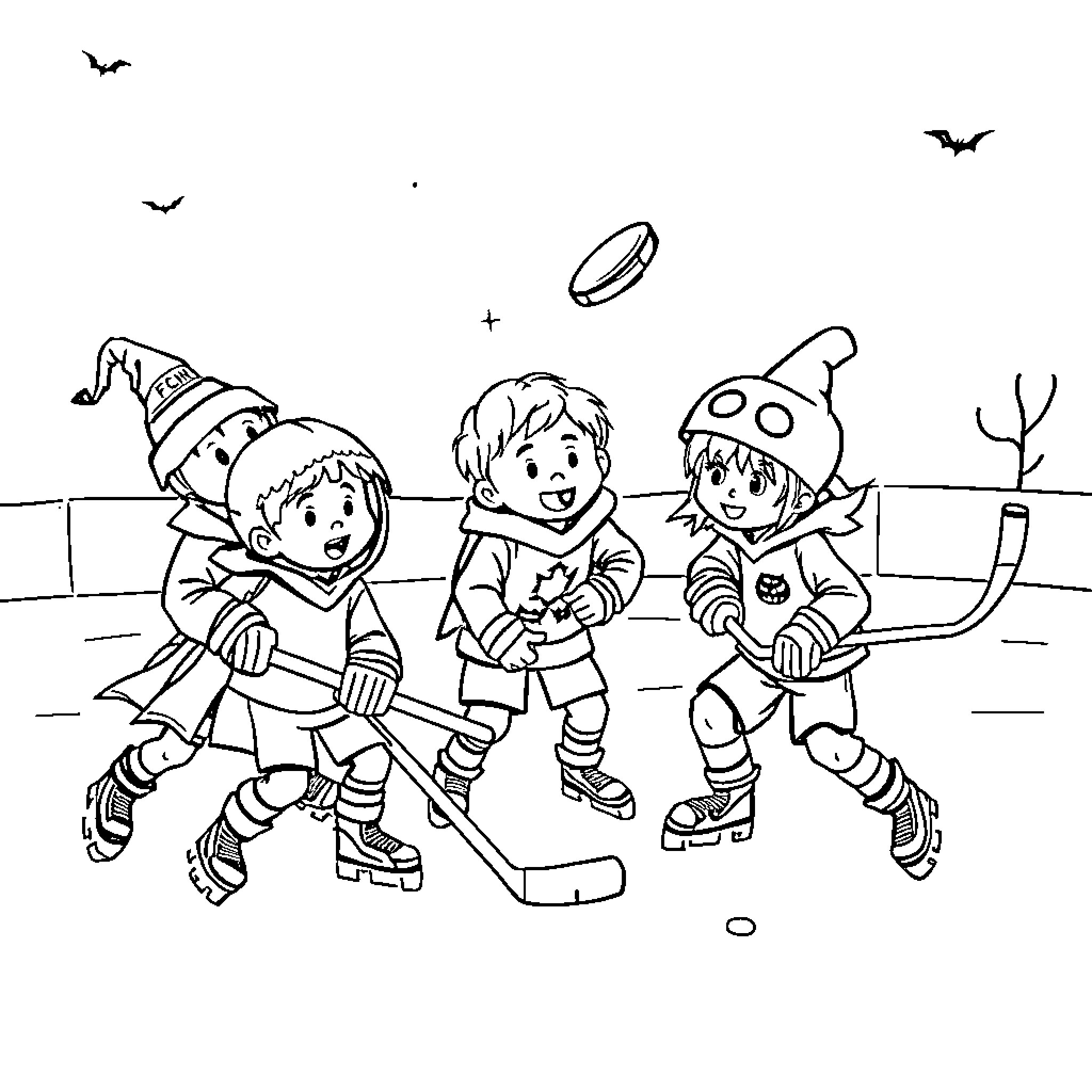 Ice Hockey Players in Whimsical Costumes Coloring Page (free black-and-white line drawing printable PDF for all, from beginners to advanced learners, including children, teens, adults, and seniors)