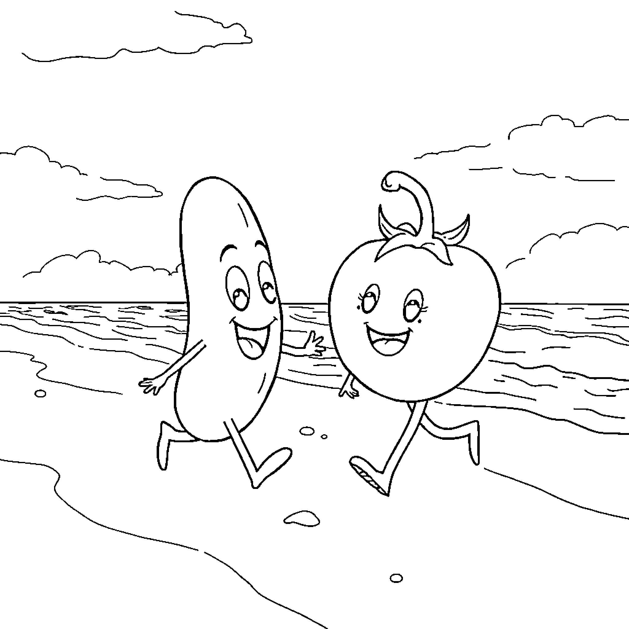 Cucumber characters playing joyfully on the beach Coloring Page (free black-and-white line drawing printable PDF for all, from beginners to advanced learners, including children, teens, adults, and seniors)