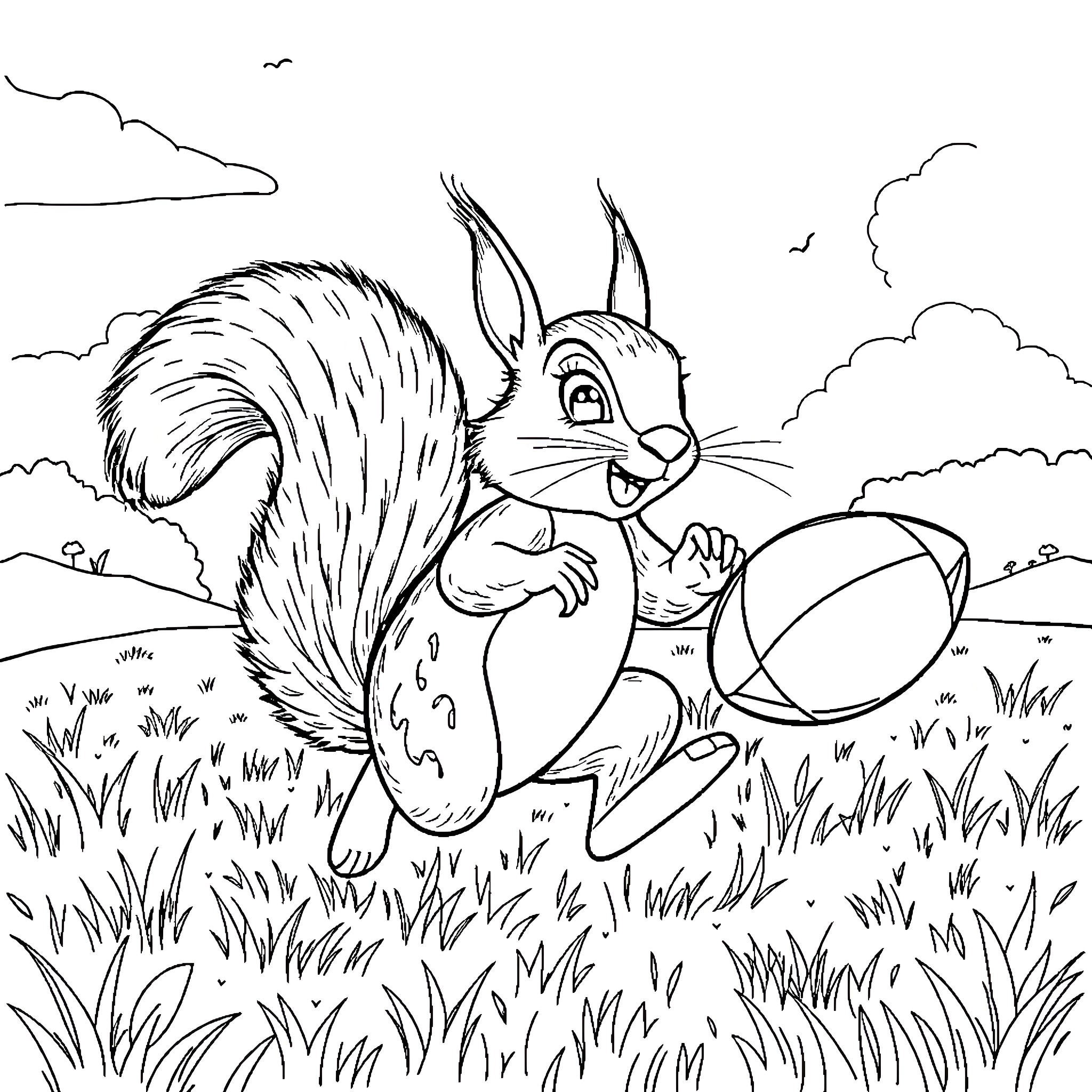 Squirrel playing joyfully with ball in meadow Coloring Page (free black-and-white line drawing printable PDF for all, from beginners to advanced learners, including children, teens, adults, and seniors)