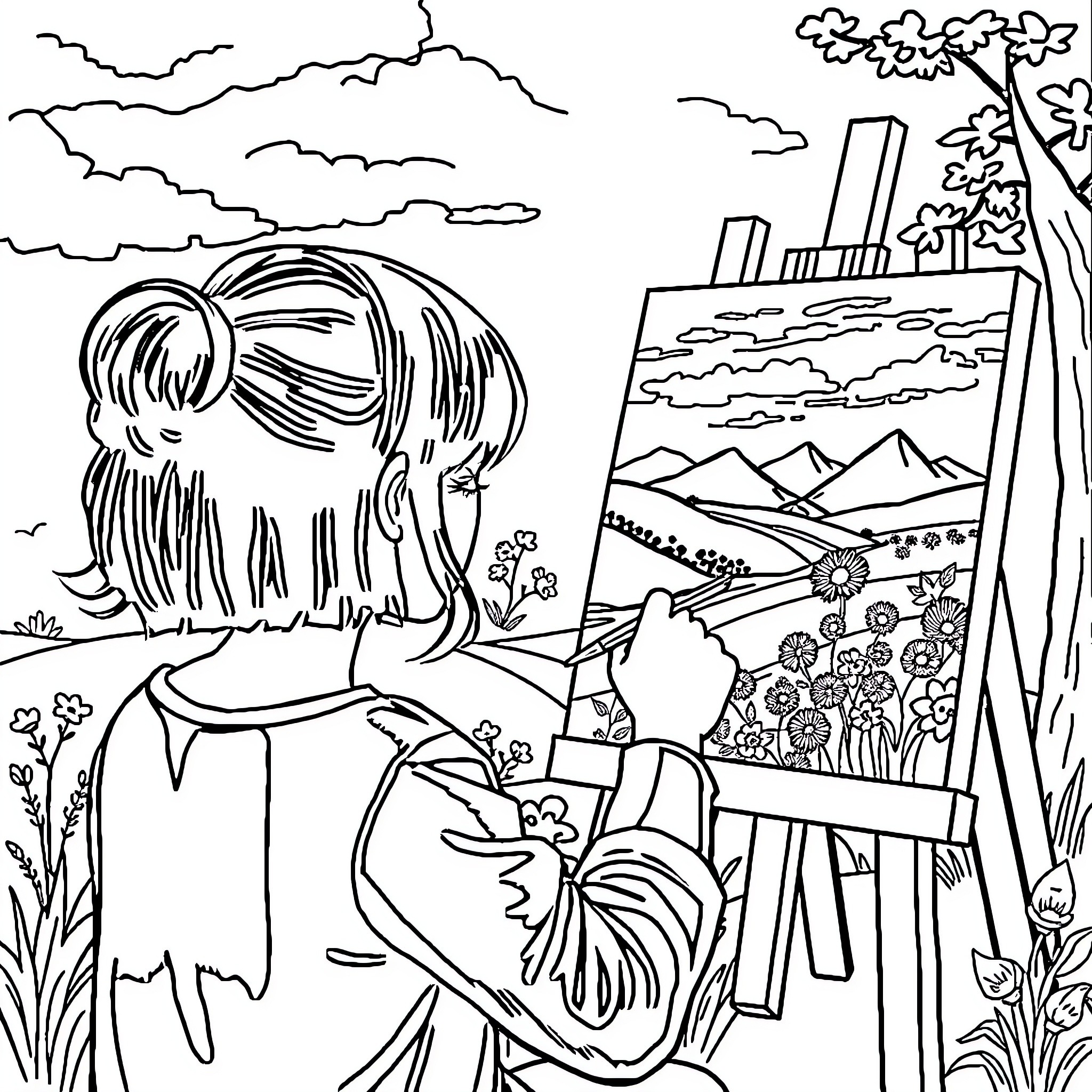 Girl painting serene landscape in nature Coloring Page (free black-and-white line drawing printable PDF for all, from beginners to advanced learners, including children, teens, adults, and seniors)