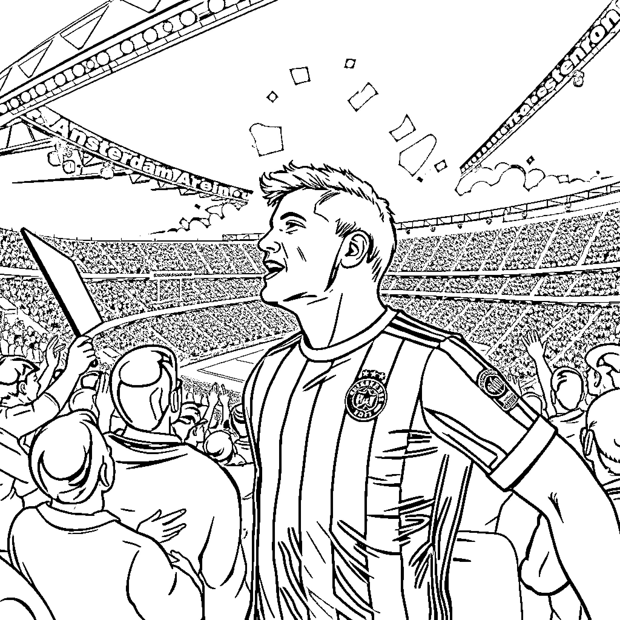 Speler celebrates victory with crowd in stadium Coloring Page (free black-and-white line drawing printable PDF for all, from beginners to advanced learners, including children, teens, adults, and seniors)