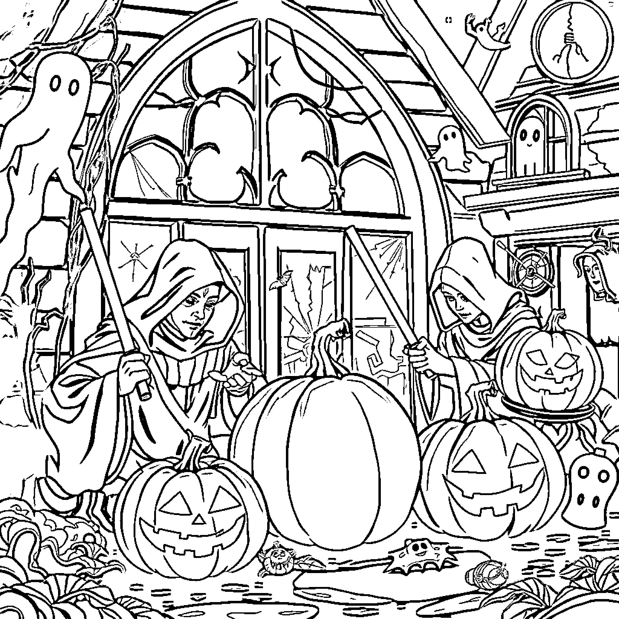 Jedi Knights Confront Halloween Spirits in Haunted Castle Coloring Page (free black-and-white line drawing printable PDF for all, from beginners to advanced learners, including children, teens, adults, and seniors)