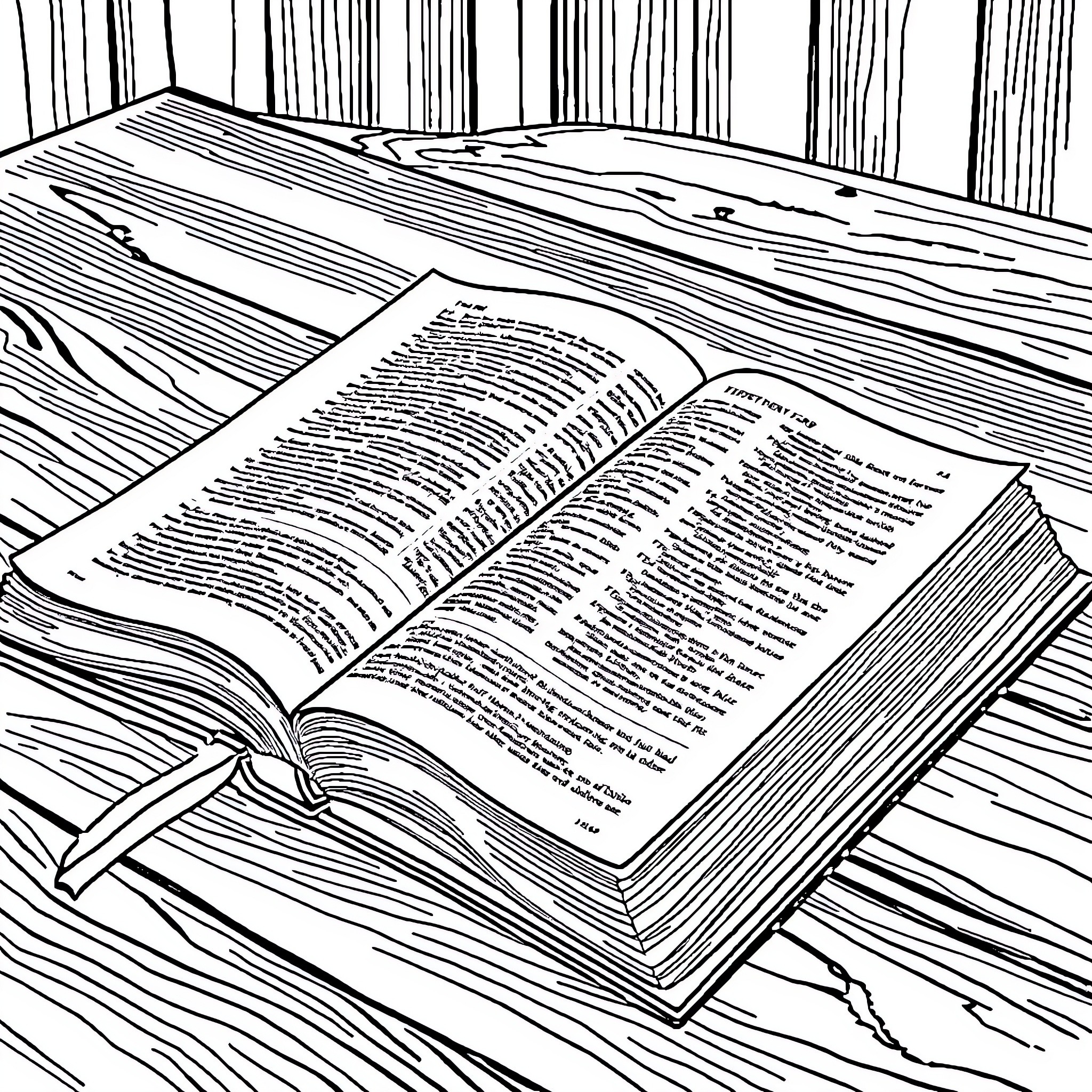Bible open on wooden table in forest Coloring Page (free black-and-white line drawing printable PDF for all, from beginners to advanced learners, including children, teens, adults, and seniors)