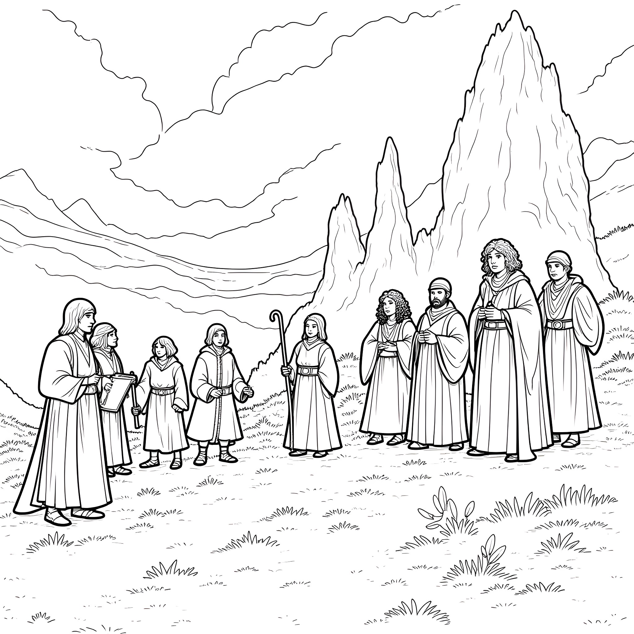 Lord of the Rings: Fellowship on a journey through majestic landscapes Coloring Page (free black-and-white line drawing printable PDF for all, from beginners to advanced learners, including children, teens, adults, and seniors)
