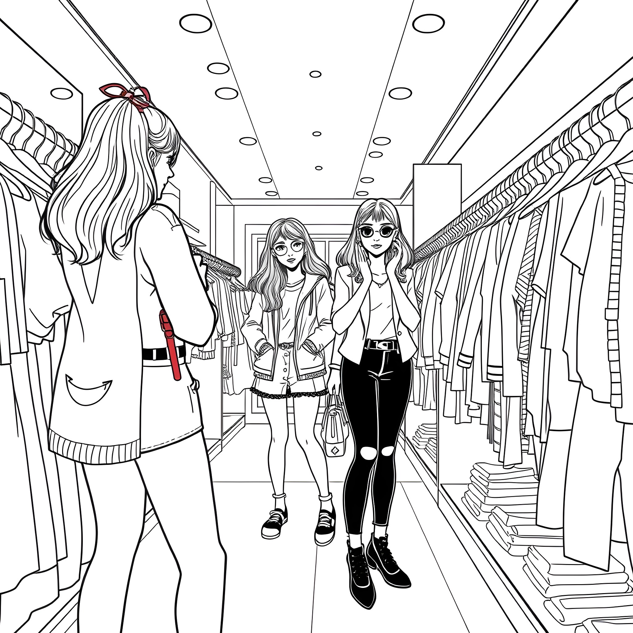 Teen Girls Shopping at the Mall Coloring Page (free black-and-white line drawing printable PDF for all, from beginners to advanced learners, including children, teens, adults, and seniors)