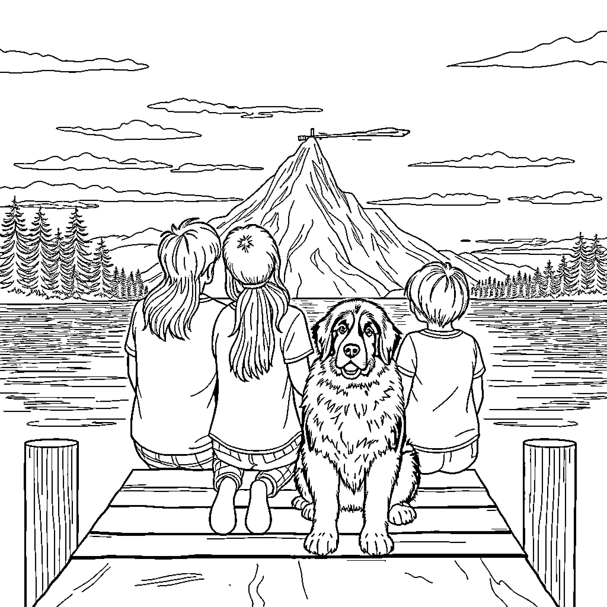 Family enjoying scenic mountain view with their dog Coloring Page (free black-and-white line drawing printable PDF for all, from beginners to advanced learners, including children, teens, adults, and seniors)