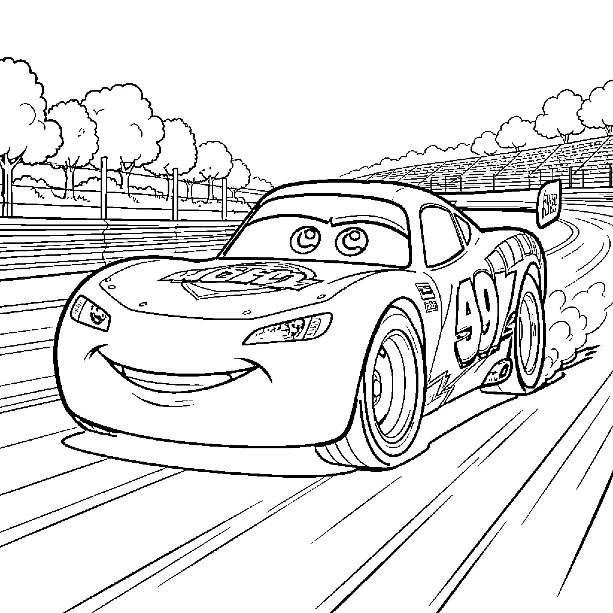 Flash McQueen racing fast on a track with a smile Coloring Page (free black-and-white line drawing printable PDF for all, from beginners to advanced learners, including children, teens, adults, and seniors)