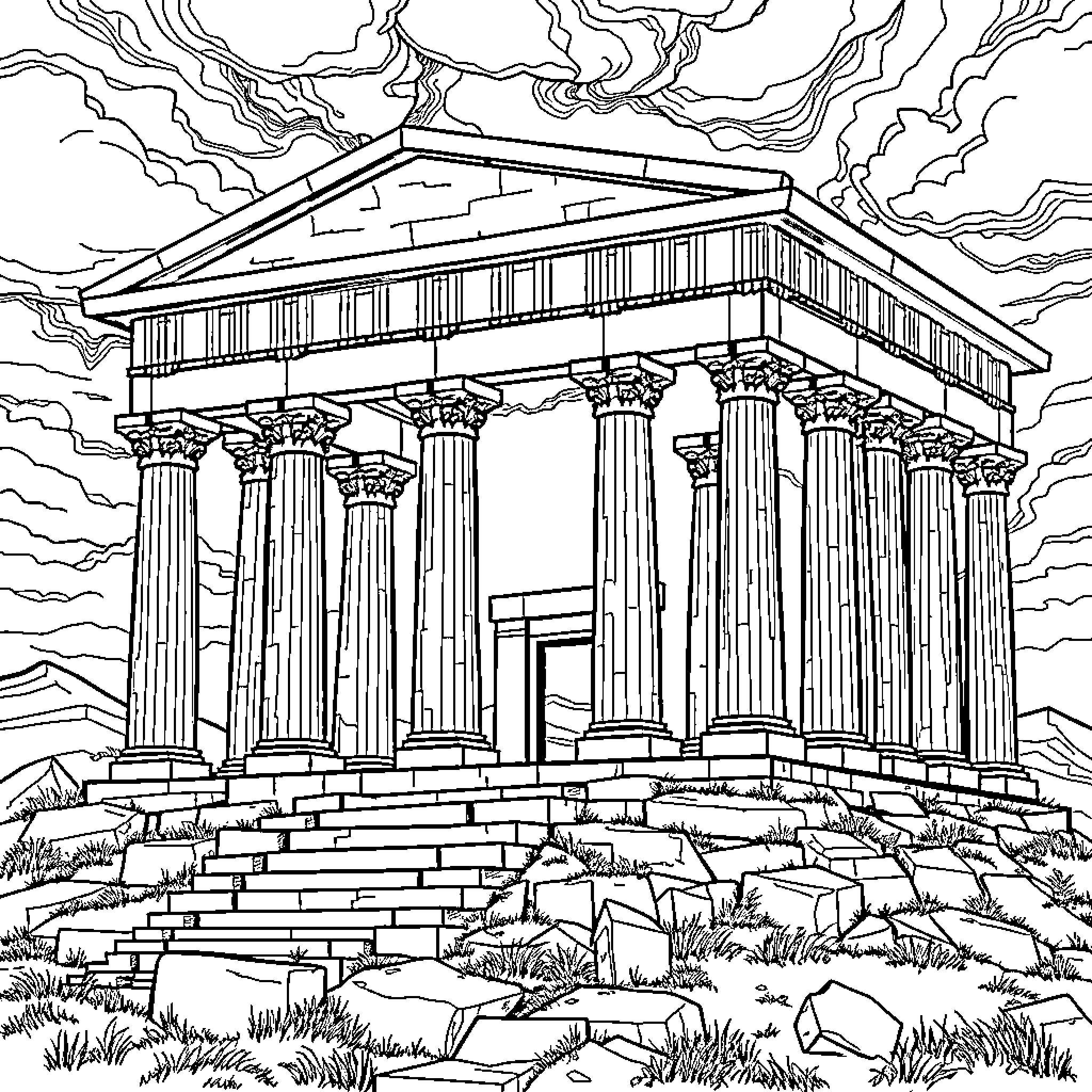 Temple with Elaborate Columns and Dramatic Clouds Coloring Page (free black-and-white line drawing printable PDF for all, from beginners to advanced learners, including children, teens, adults, and seniors)