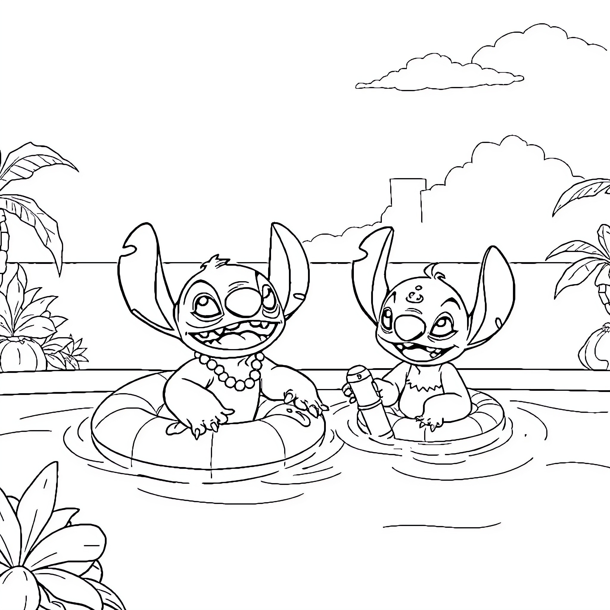 Lilo And Stitch swimming happily in the ocean Coloring Page (free black-and-white line drawing printable PDF for all, from beginners to advanced learners, including children, teens, adults, and seniors)