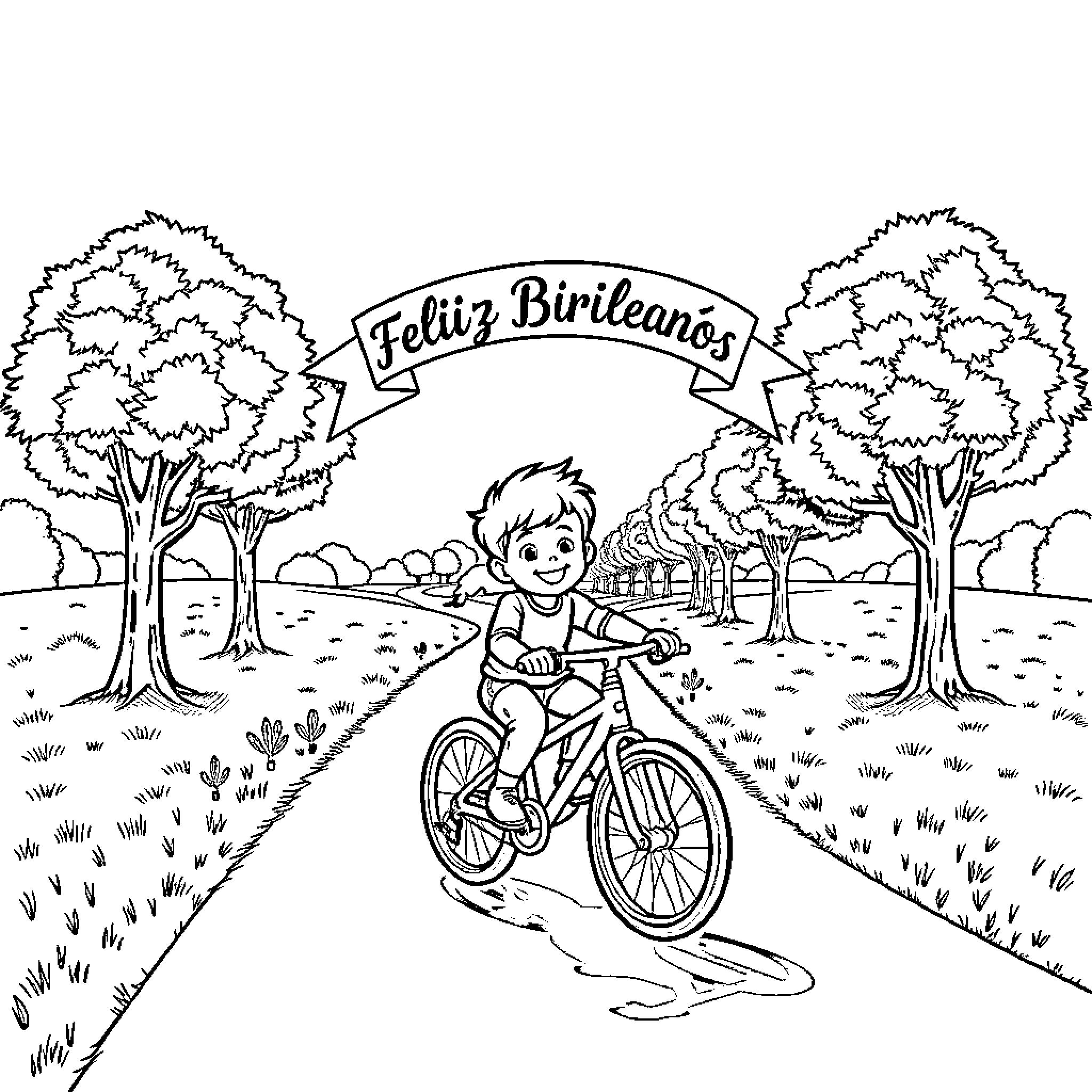 Kid riding bicycle on a countryside path Coloring Page (free black-and-white line drawing printable PDF for all, from beginners to advanced learners, including children, teens, adults, and seniors)