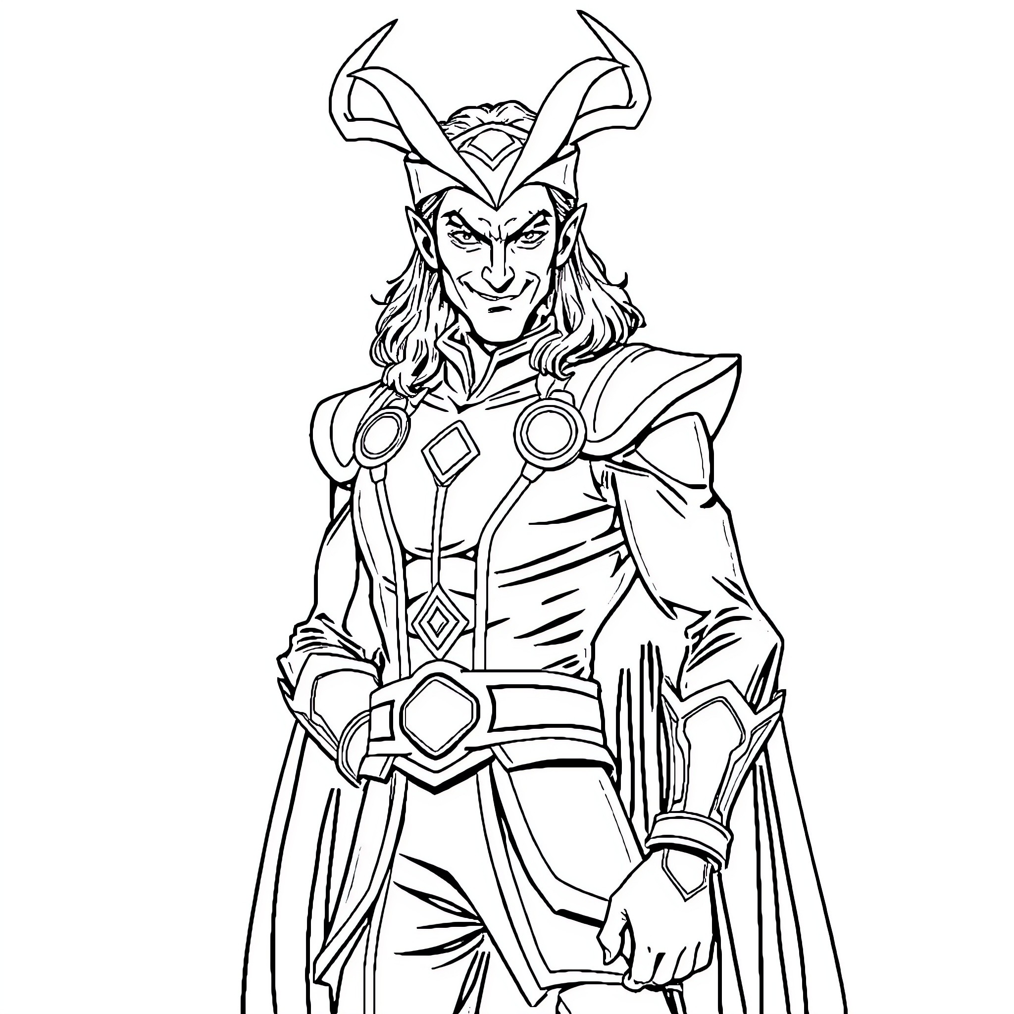 Loki in Regal Attire Brandishing Confidence Coloring Page (free black-and-white line drawing printable PDF for all, from beginners to advanced learners, including children, teens, adults, and seniors)