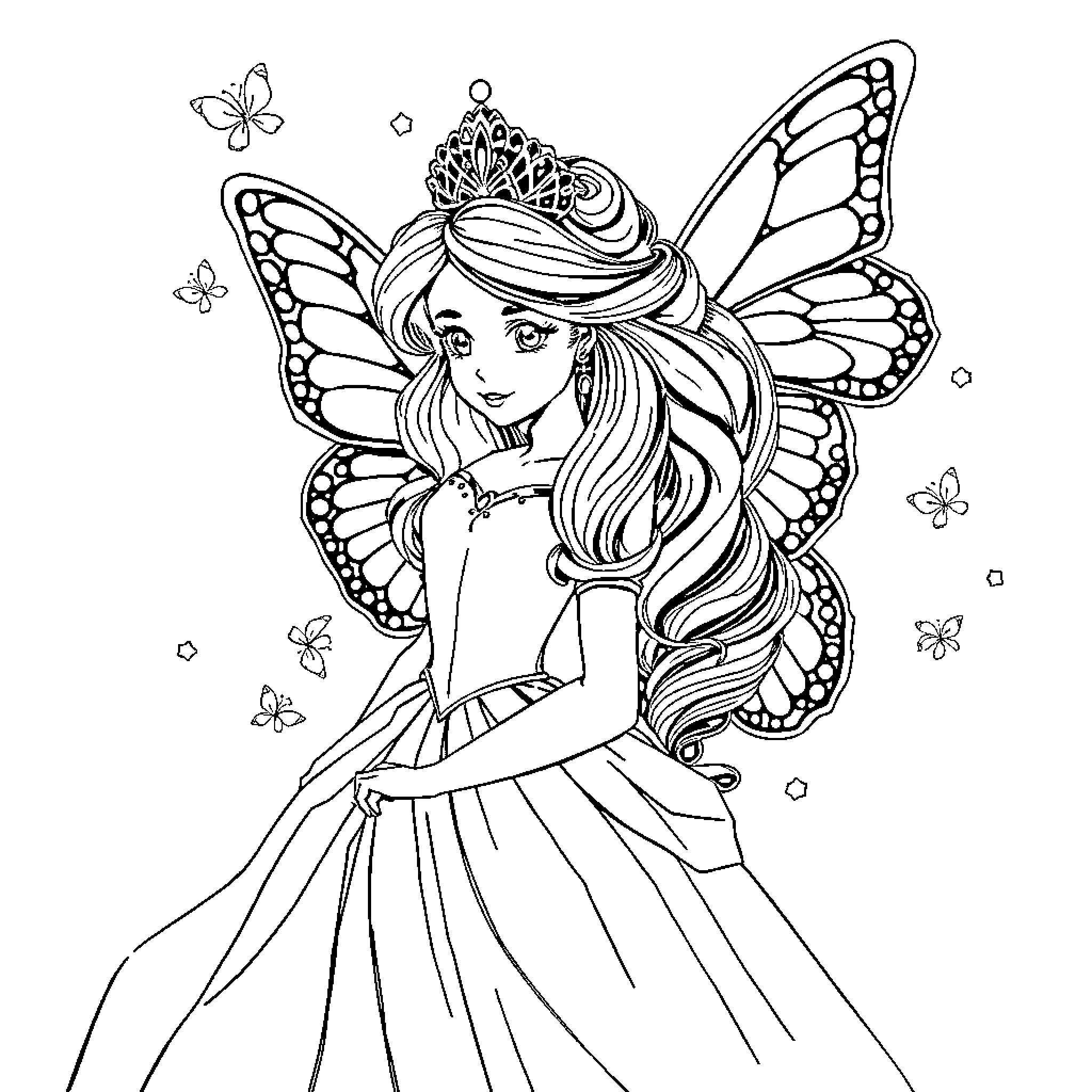 Butterfly fairy with long hair and flowing dress Coloring Page (free black-and-white line drawing printable PDF for all, from beginners to advanced learners, including children, teens, adults, and seniors)