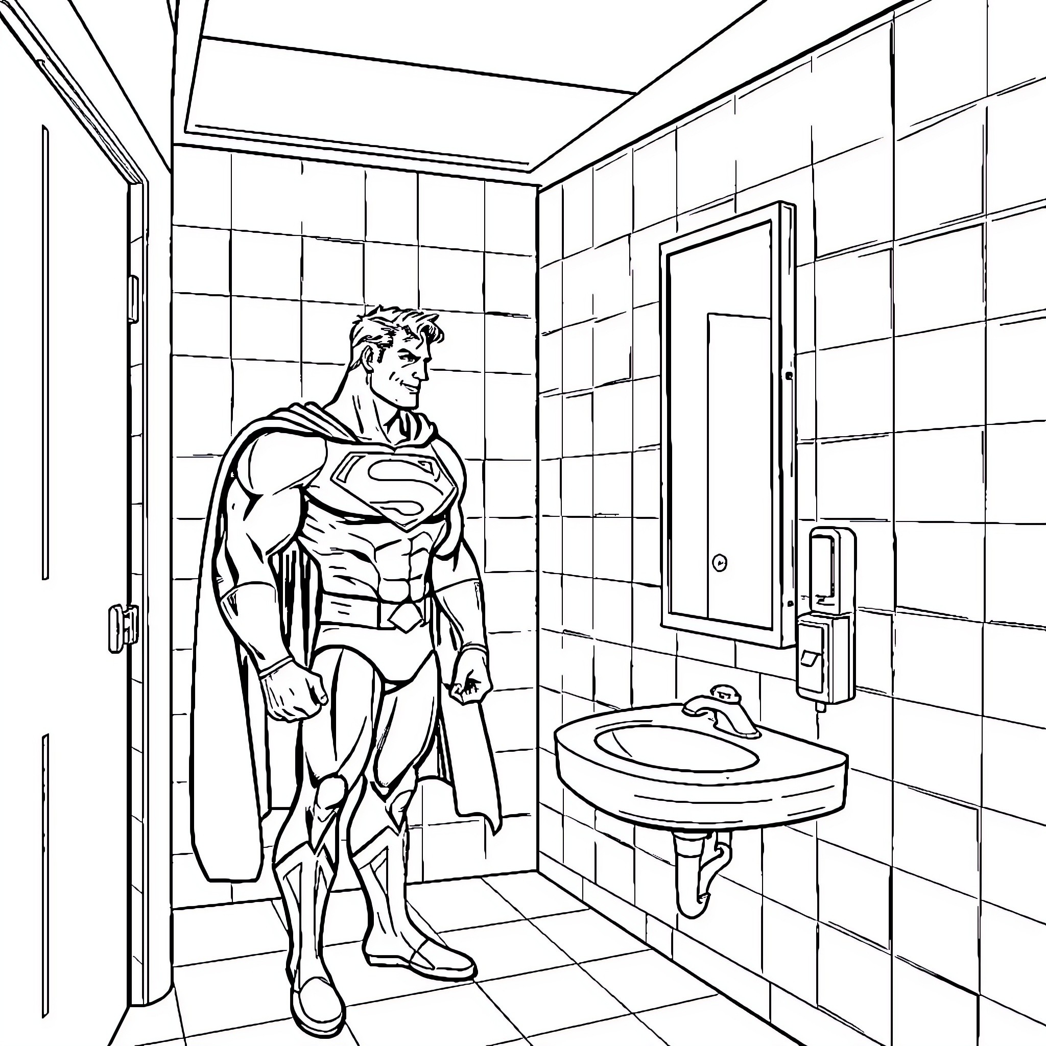 Superman in an unexpected bathroom setting Coloring Page (free black-and-white line drawing printable PDF for all, from beginners to advanced learners, including children, teens, adults, and seniors)
