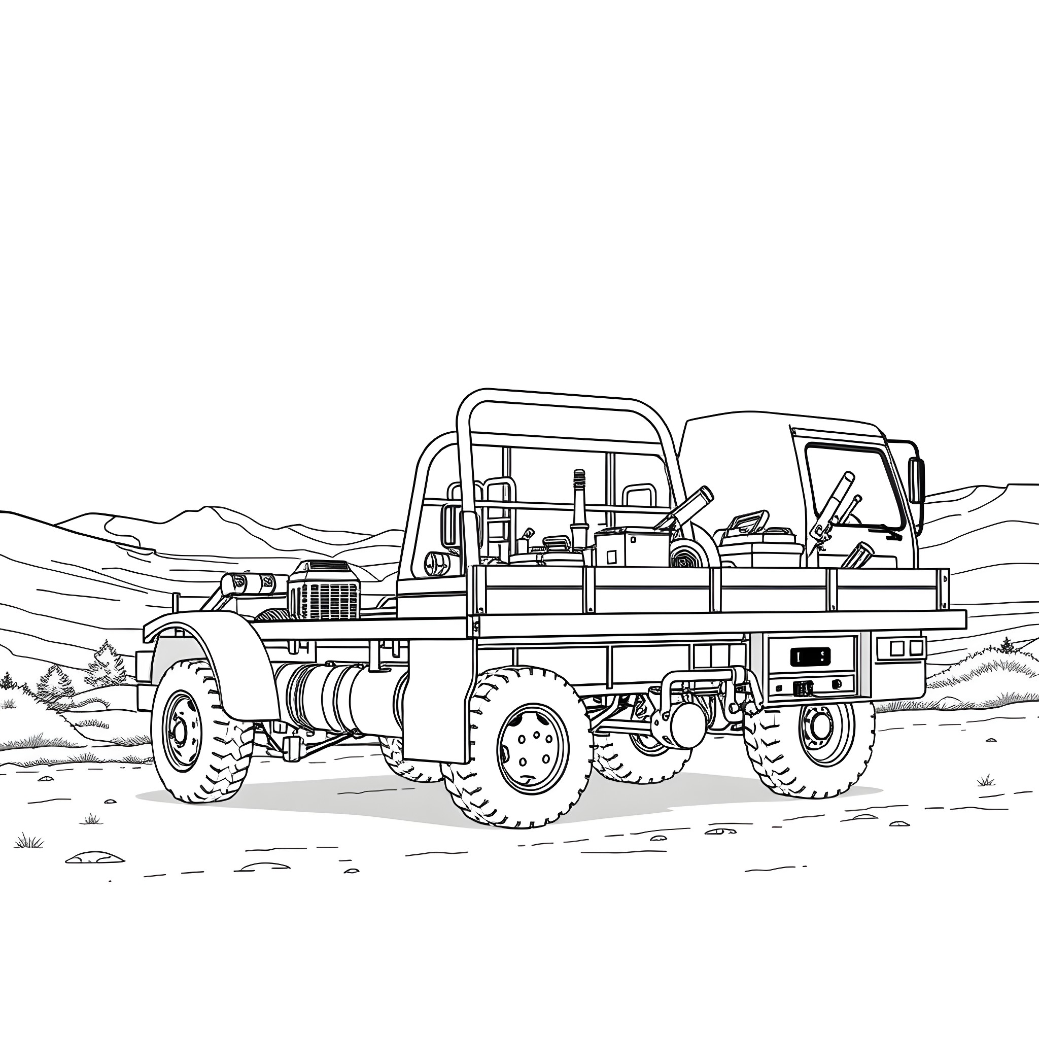 Flat Bed Truck Transporting Supplies in Remote Landscape Coloring Page (free black-and-white line drawing printable PDF for all, from beginners to advanced learners, including children, teens, adults, and seniors)