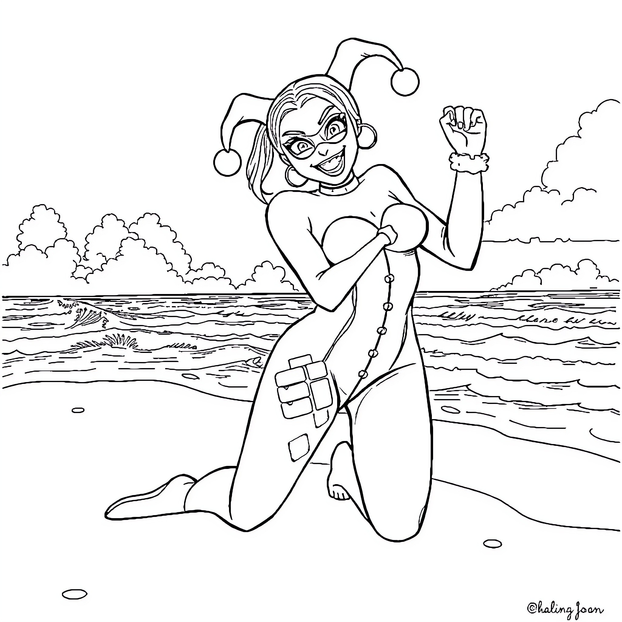 Harley Quinn enjoying herself by the beach Coloring Page (free black-and-white line drawing printable PDF for all, from beginners to advanced learners, including children, teens, adults, and seniors)
