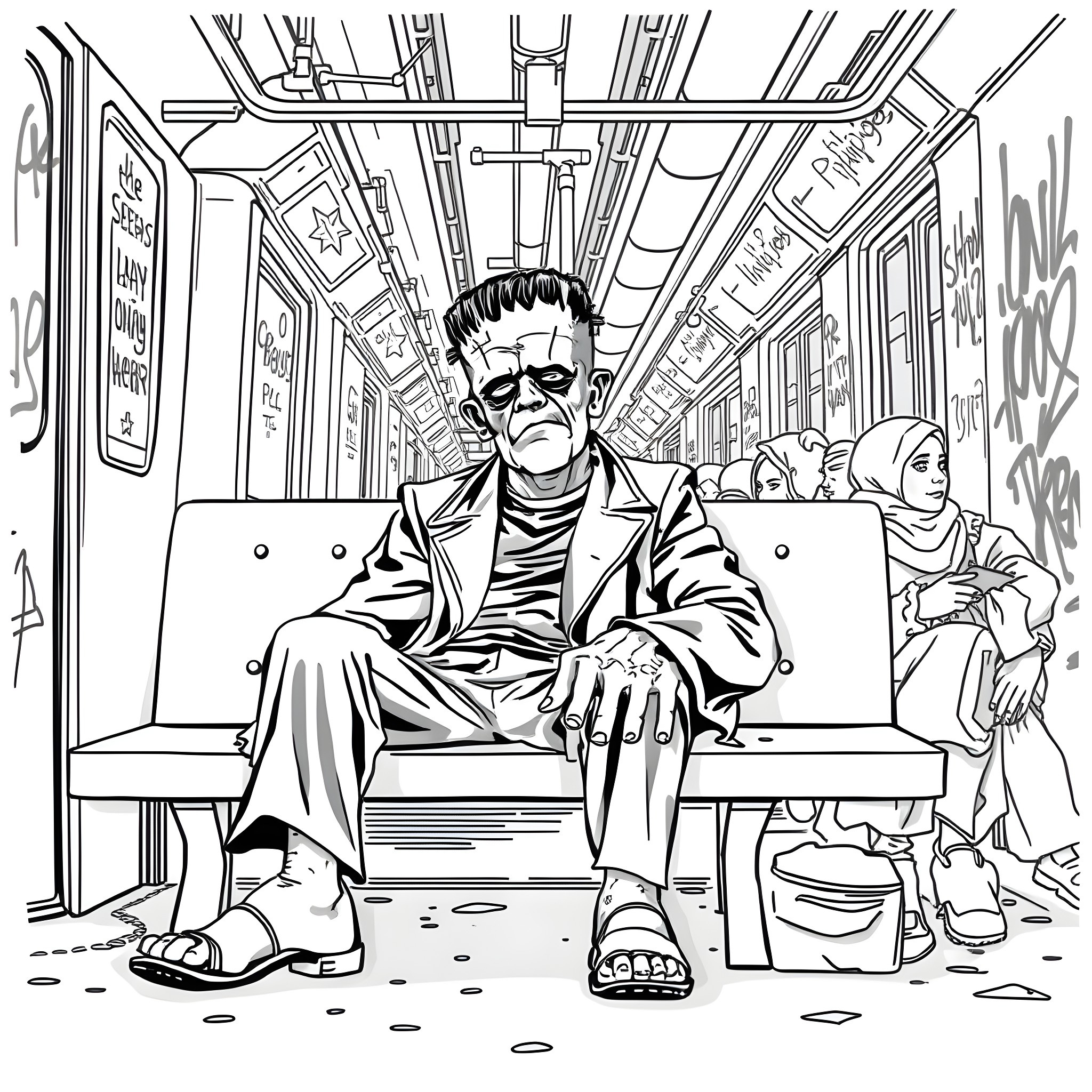 Frankenstein's Creature Rides the Subway in Solitude Coloring Page (free black-and-white line drawing printable PDF for all, from beginners to advanced learners, including children, teens, adults, and seniors)