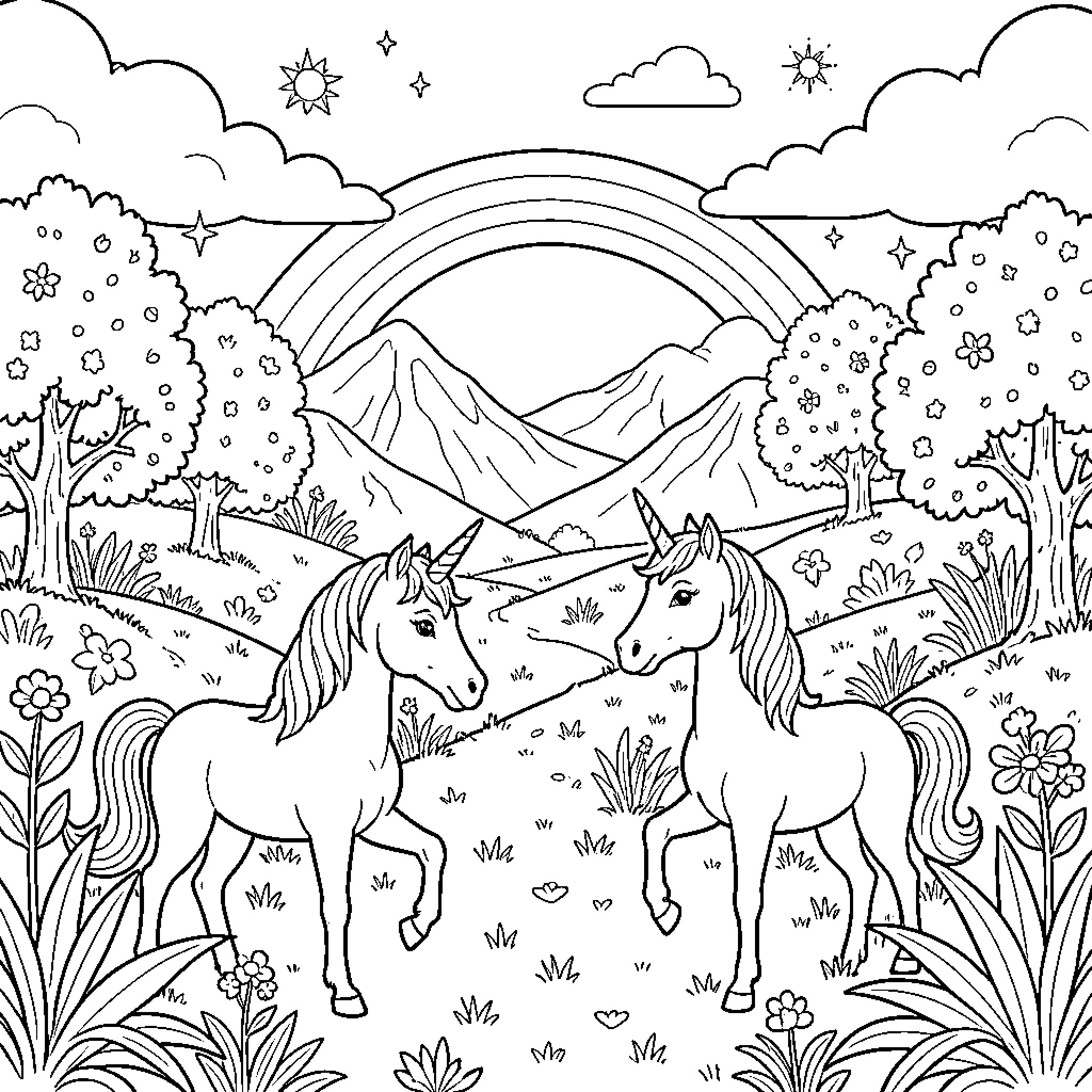 Unicorn pair exploring a magical forest landscape Coloring Page (free black-and-white line drawing printable PDF for all, from beginners to advanced learners, including children, teens, adults, and seniors)