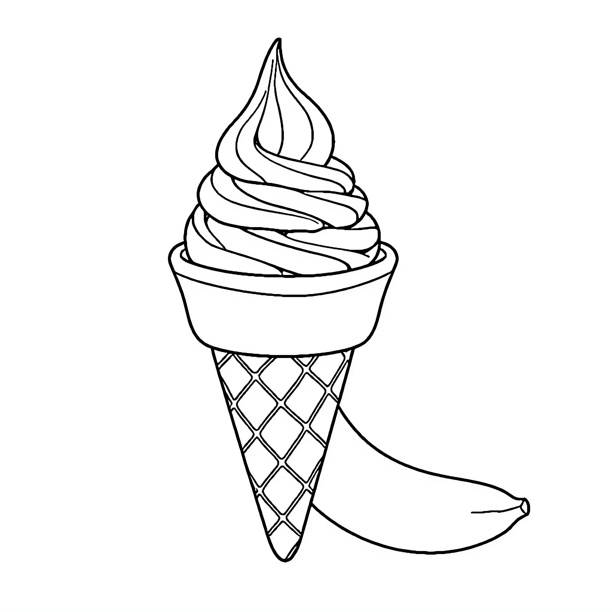 Ice Cream Cone with Banana Accent Coloring Page (free black-and-white line drawing printable PDF for all, from beginners to advanced learners, including children, teens, adults, and seniors)