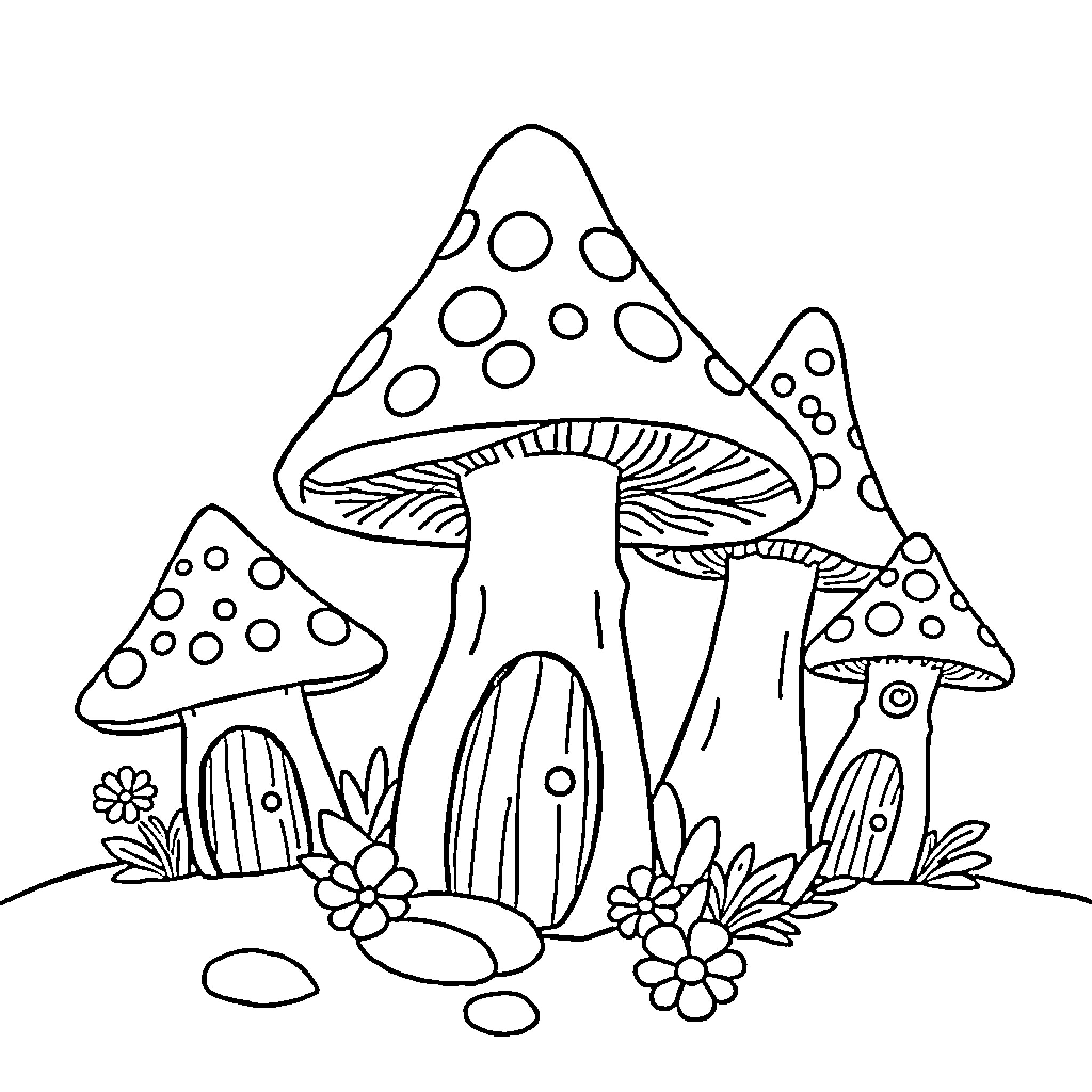 Mushroom fantasy scene with whimsical elements Coloring Page (free black-and-white line drawing printable PDF for all, from beginners to advanced learners, including children, teens, adults, and seniors)