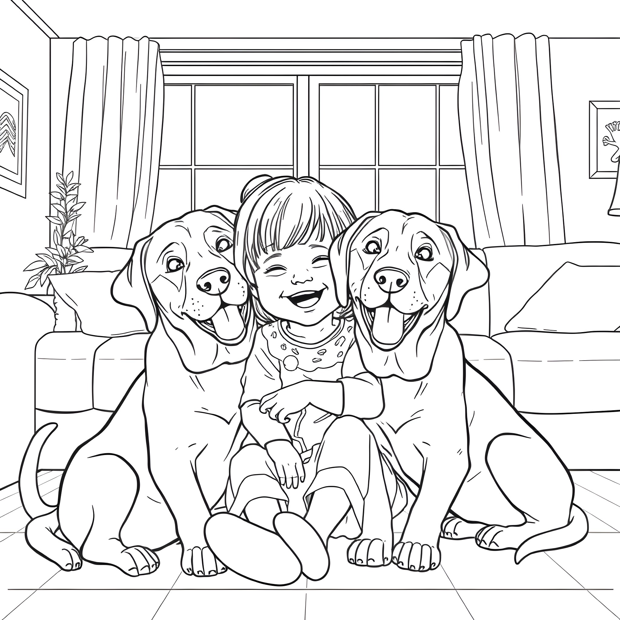 Dog Companions Bringing Joy to Young Girl Coloring Page (free black-and-white line drawing printable PDF for all, from beginners to advanced learners, including children, teens, adults, and seniors)