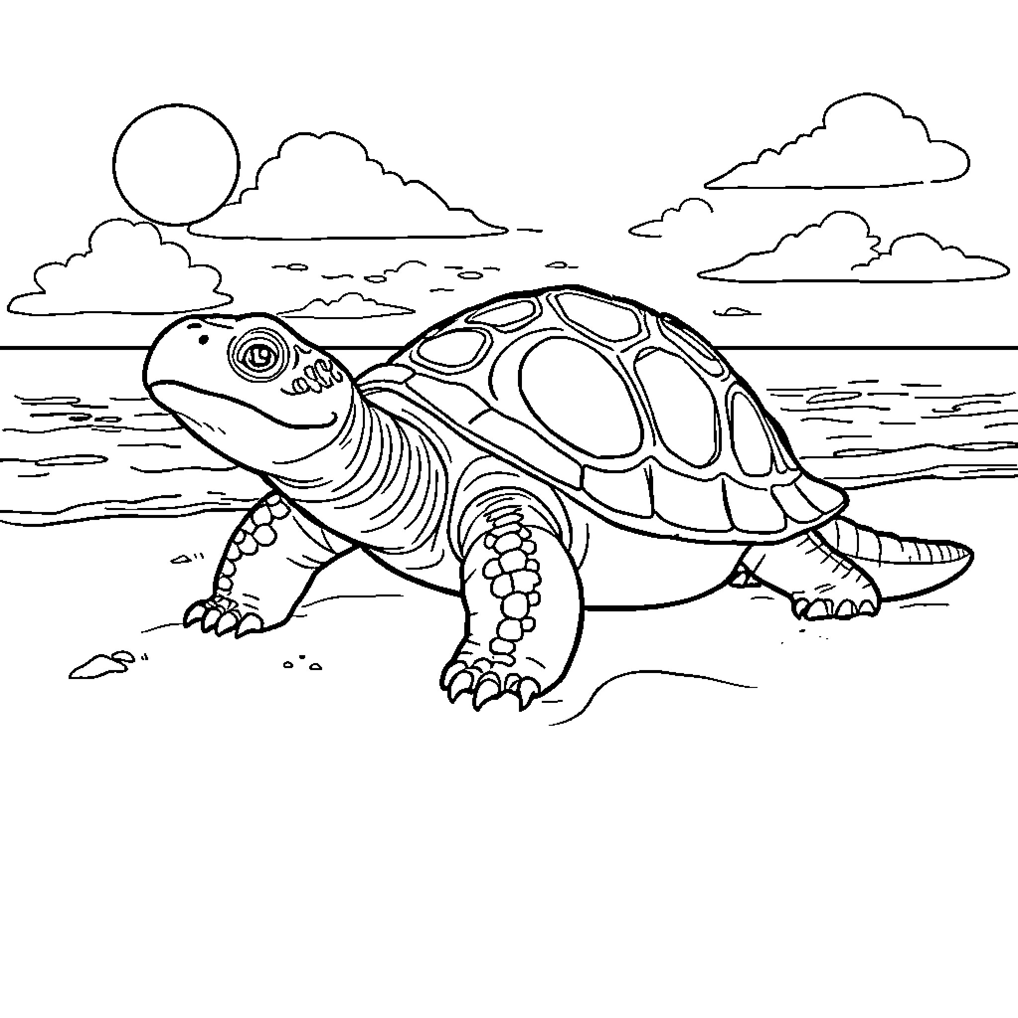 Turtle exploring the scenic landscape Coloring Page (free black-and-white line drawing printable PDF for all, from beginners to advanced learners, including children, teens, adults, and seniors)