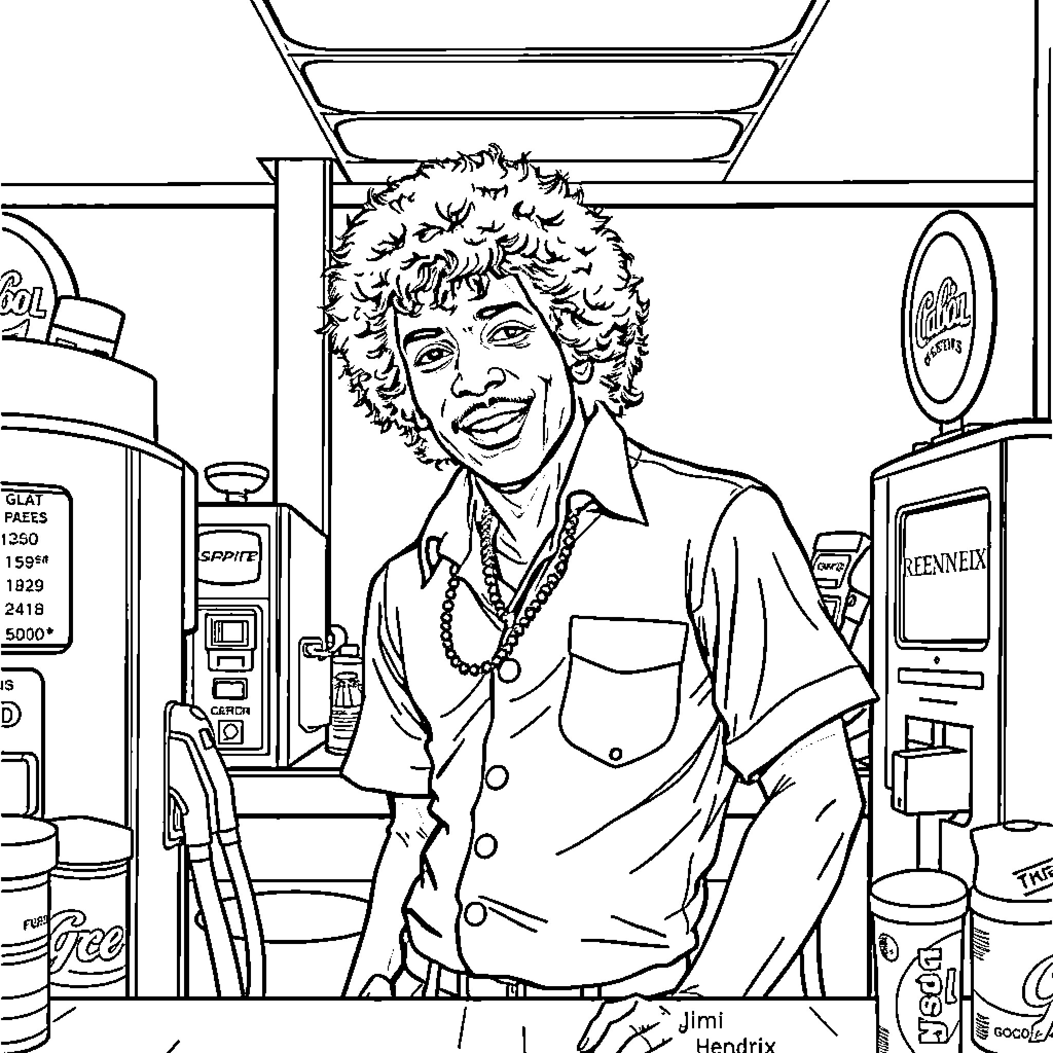 Jimi Hendrix posing in a lively, expressive manner Coloring Page (free black-and-white line drawing printable PDF for all, from beginners to advanced learners, including children, teens, adults, and seniors)