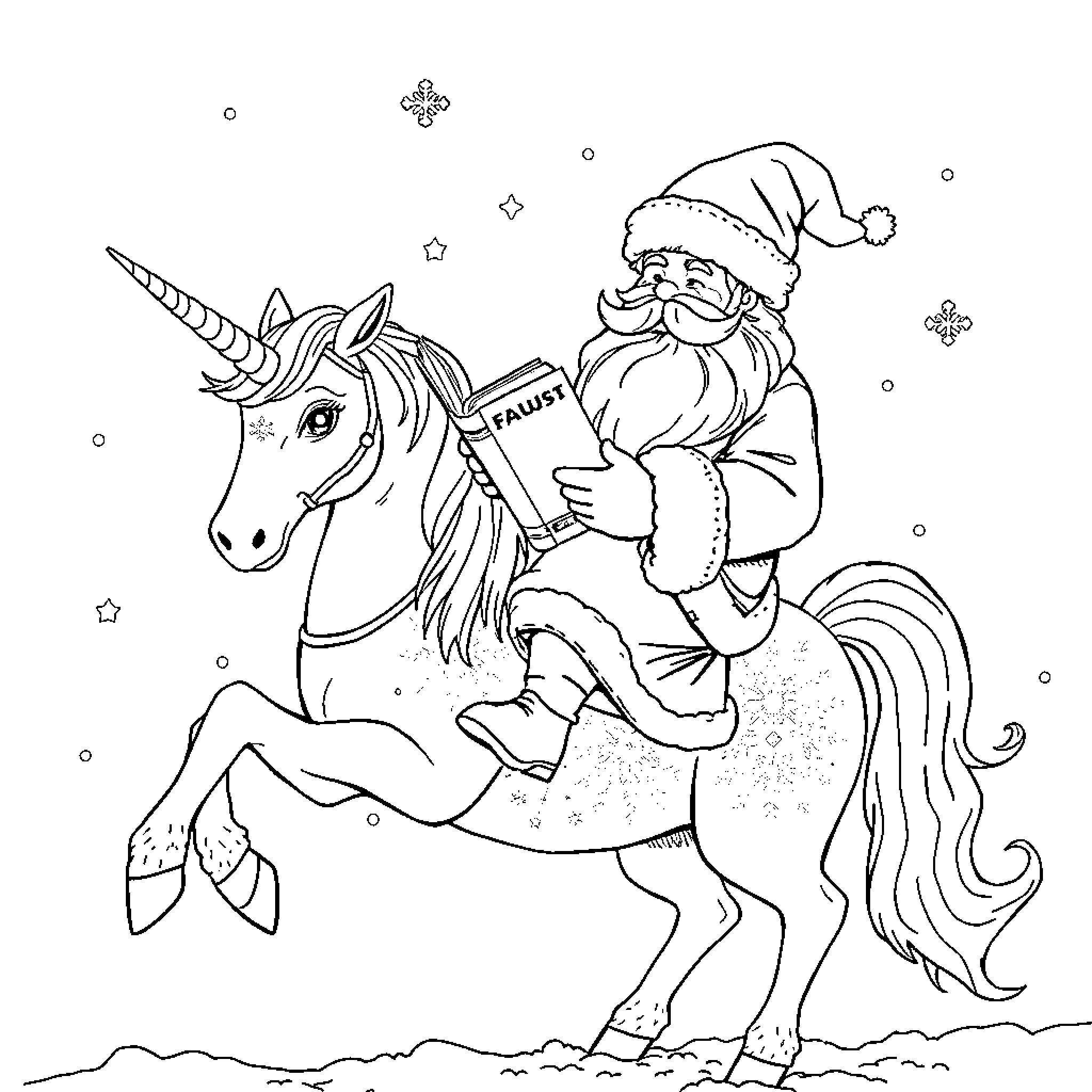 Santa Claus riding a magical unicorn Coloring Page (free black-and-white line drawing printable PDF for all, from beginners to advanced learners, including children, teens, adults, and seniors)