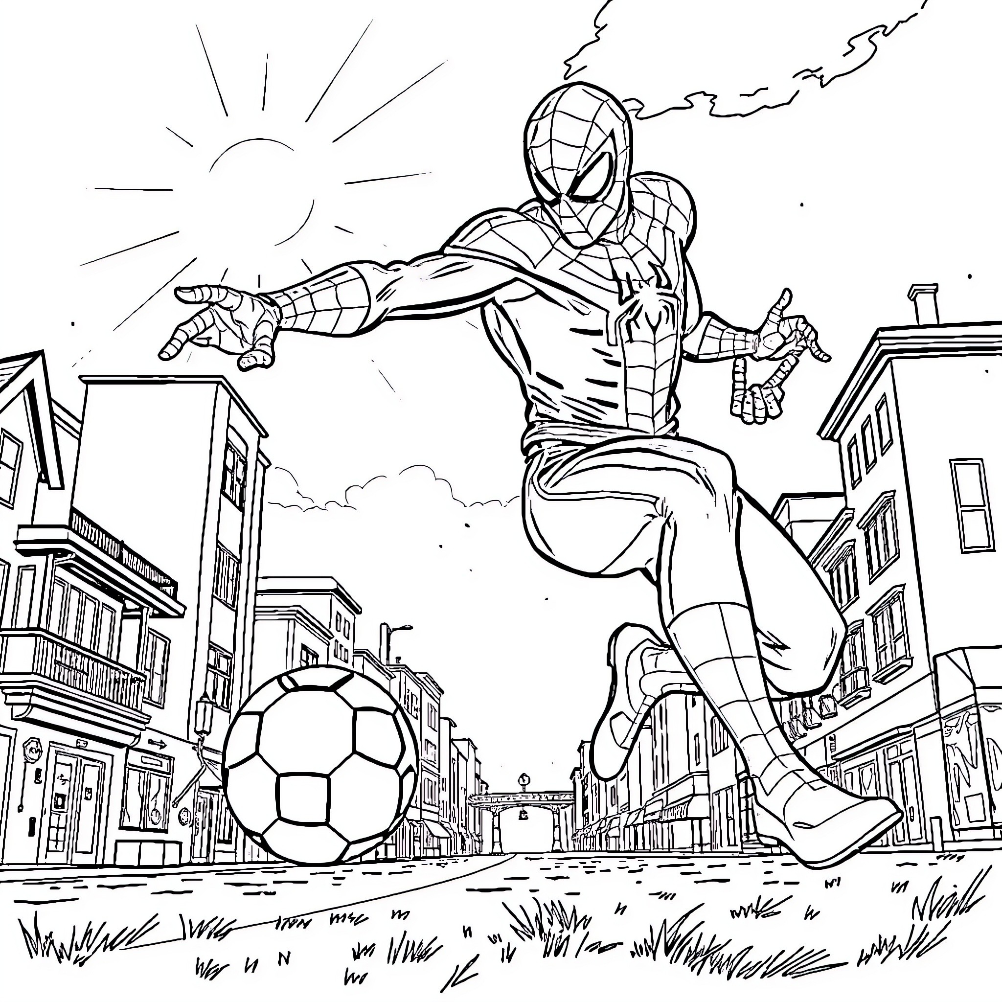Spiderman swinging high above the city streets Coloring Page (free black-and-white line drawing printable PDF for all, from beginners to advanced learners, including children, teens, adults, and seniors)