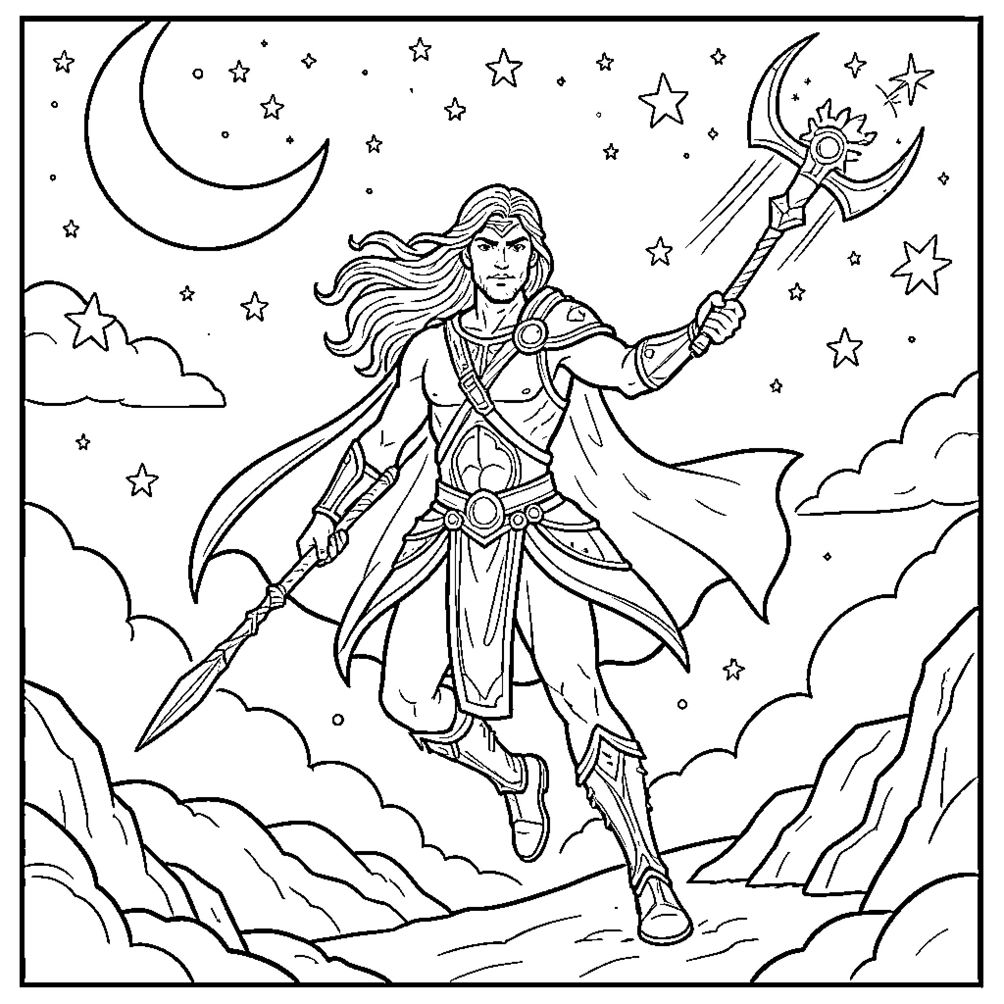 Orion: Warrior Guardian of the Cosmic Night Coloring Page (free black-and-white line drawing printable PDF for all, from beginners to advanced learners, including children, teens, adults, and seniors)