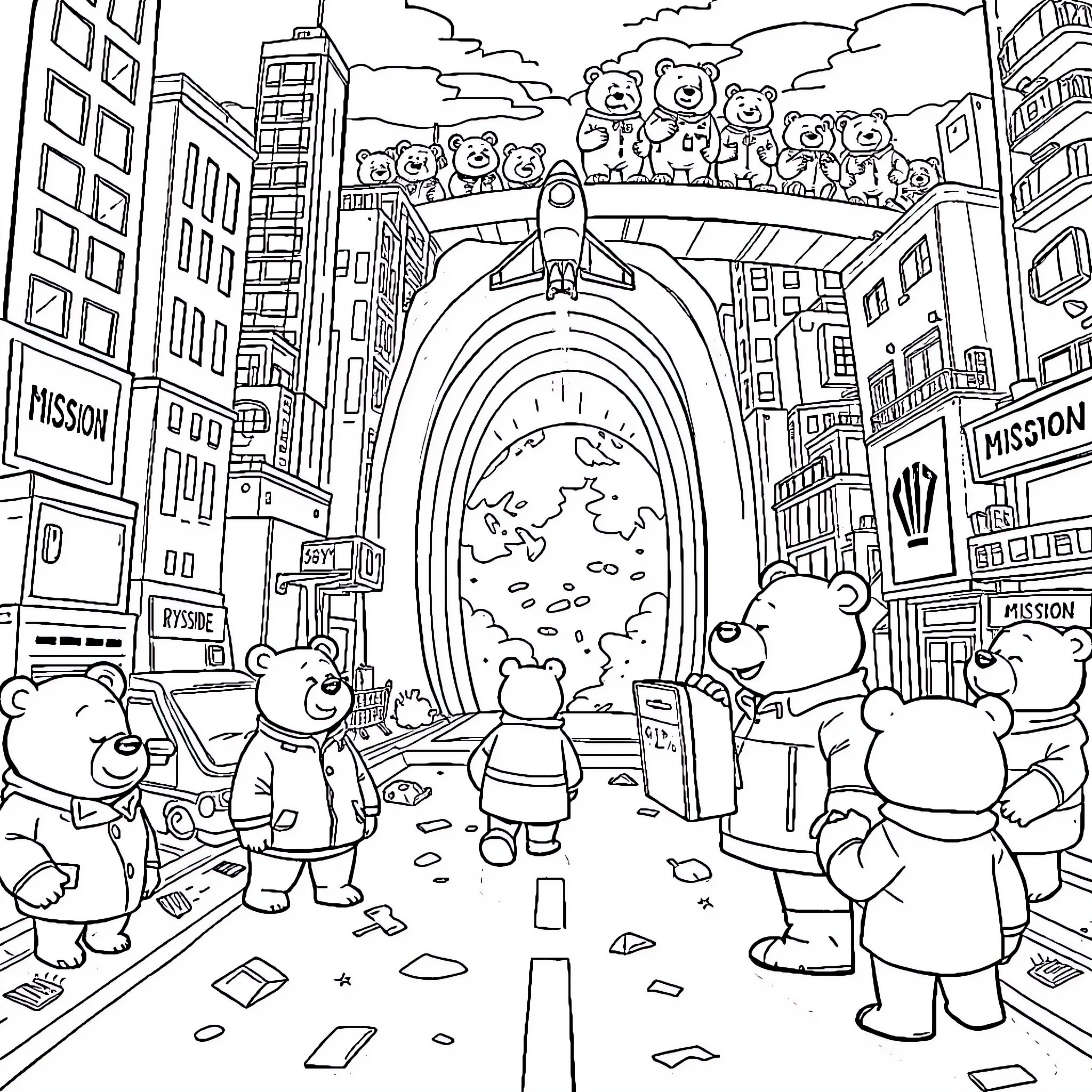 Bear characters explore a futuristic city landscape Coloring Page (free black-and-white line drawing printable PDF for all, from beginners to advanced learners, including children, teens, adults, and seniors)