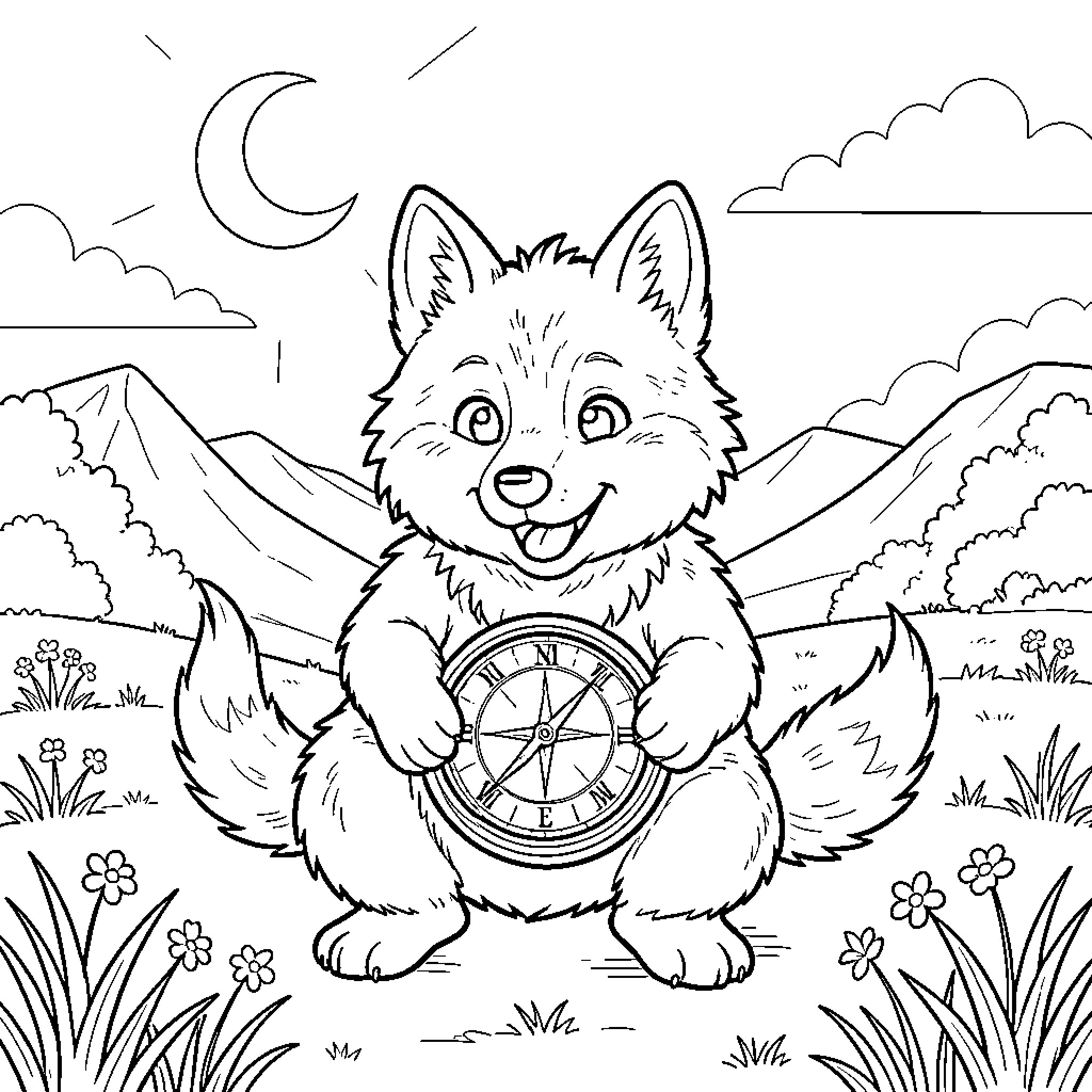Lobo the Adventurous Wolf in the Wilderness Coloring Page (free black-and-white line drawing printable PDF for all, from beginners to advanced learners, including children, teens, adults, and seniors)