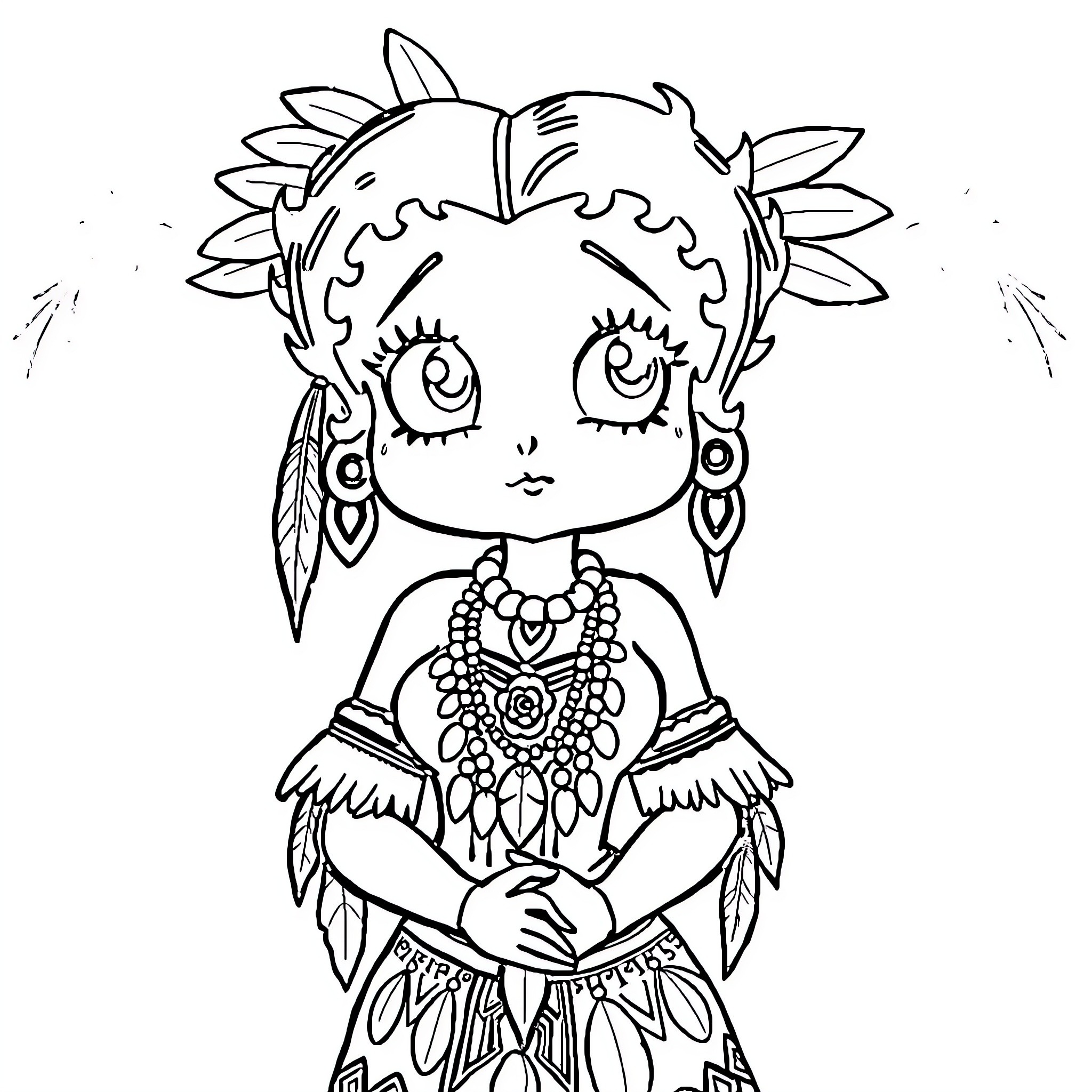 Betty Boop in Tribal Dress with Feather Headdress Coloring Page (free black-and-white line drawing printable PDF for all, from beginners to advanced learners, including children, teens, adults, and seniors)