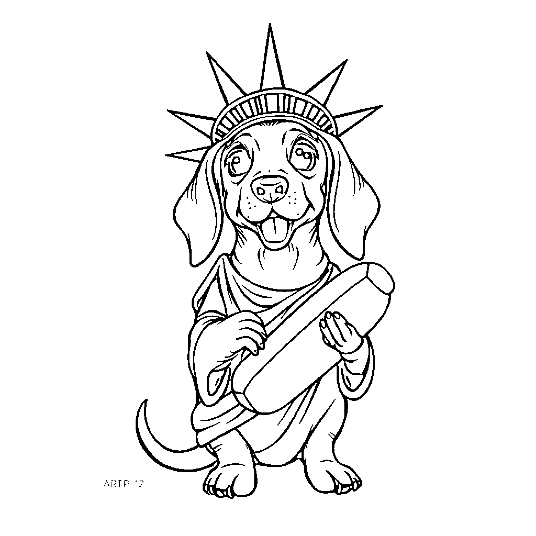 Wiener Dog dressed as Statue of Liberty Coloring Page (free black-and-white line drawing printable PDF for all, from beginners to advanced learners, including children, teens, adults, and seniors)