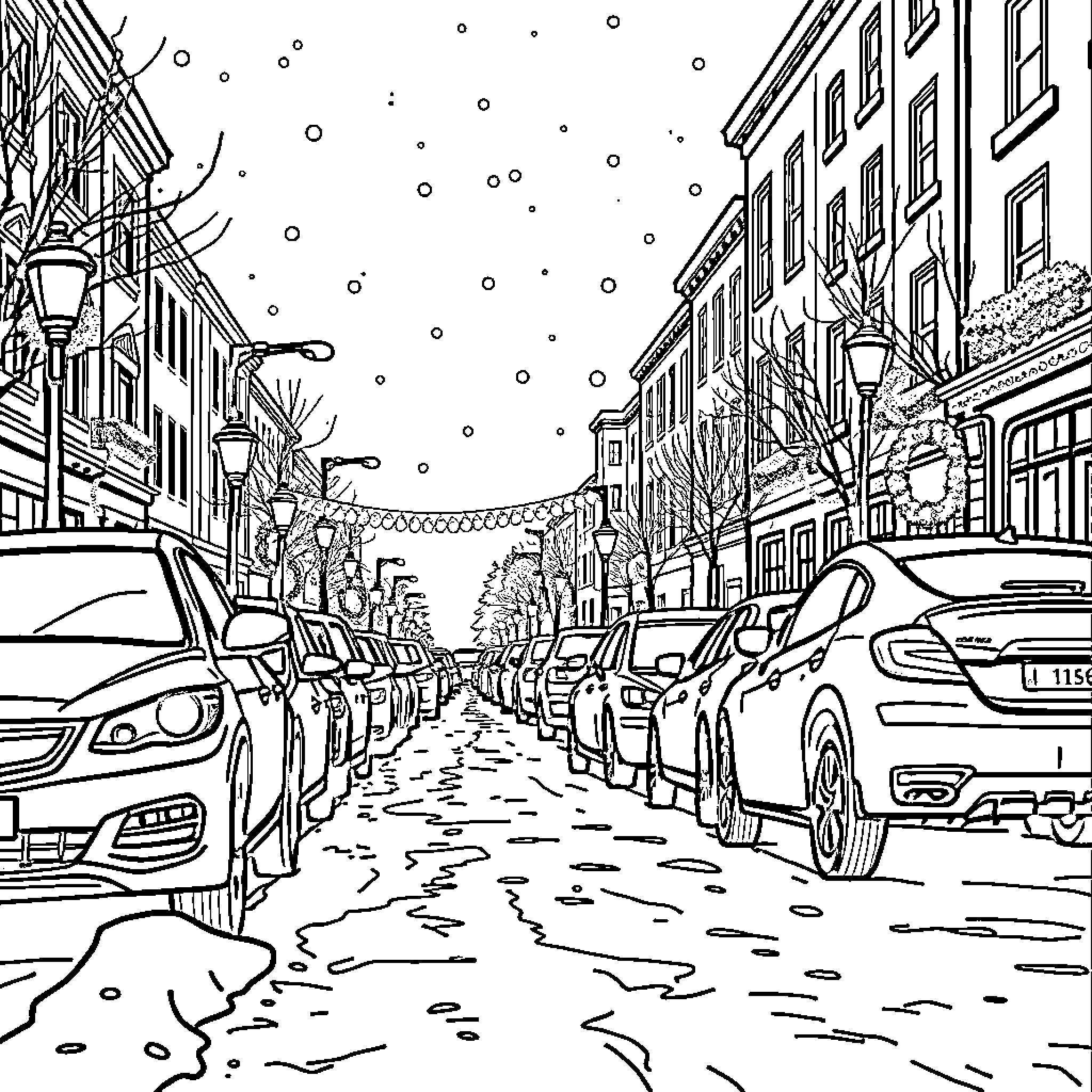 Car Winter Scene on Snowy City Street Coloring Page (free black-and-white line drawing printable PDF for all, from beginners to advanced learners, including children, teens, adults, and seniors)